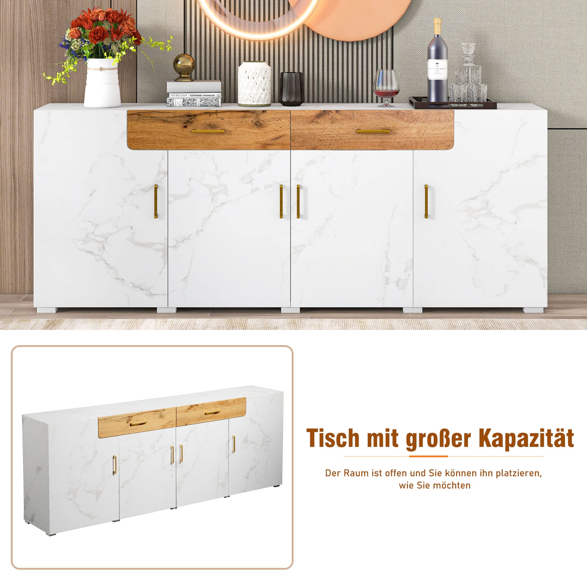 Aparador para Salon, Aparador Cocina Ancho, Buffet Comedor con Puertas con Diseño de Mármol y Cajones, Mueble Armario Cocina de Entrada, Vitrina para Dormitorio y Salón, 208×39,5×80cm (Blanco)