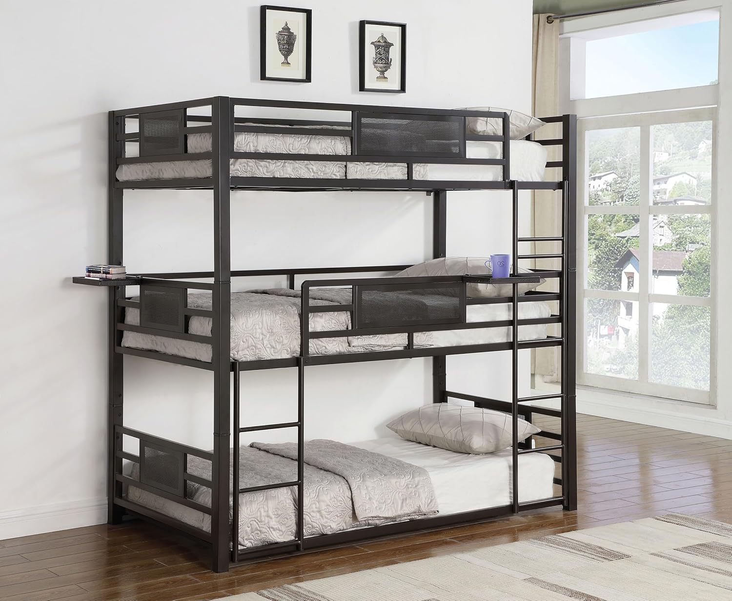 Coaster Home Furnishings Rogen Rustic Metal Twin Over Twin Over Twin Size Triple Bunk Bed Frame with Ladder and Guardrails Fully Slatted Mattress Ready Foundation Dark Bronze 460394T