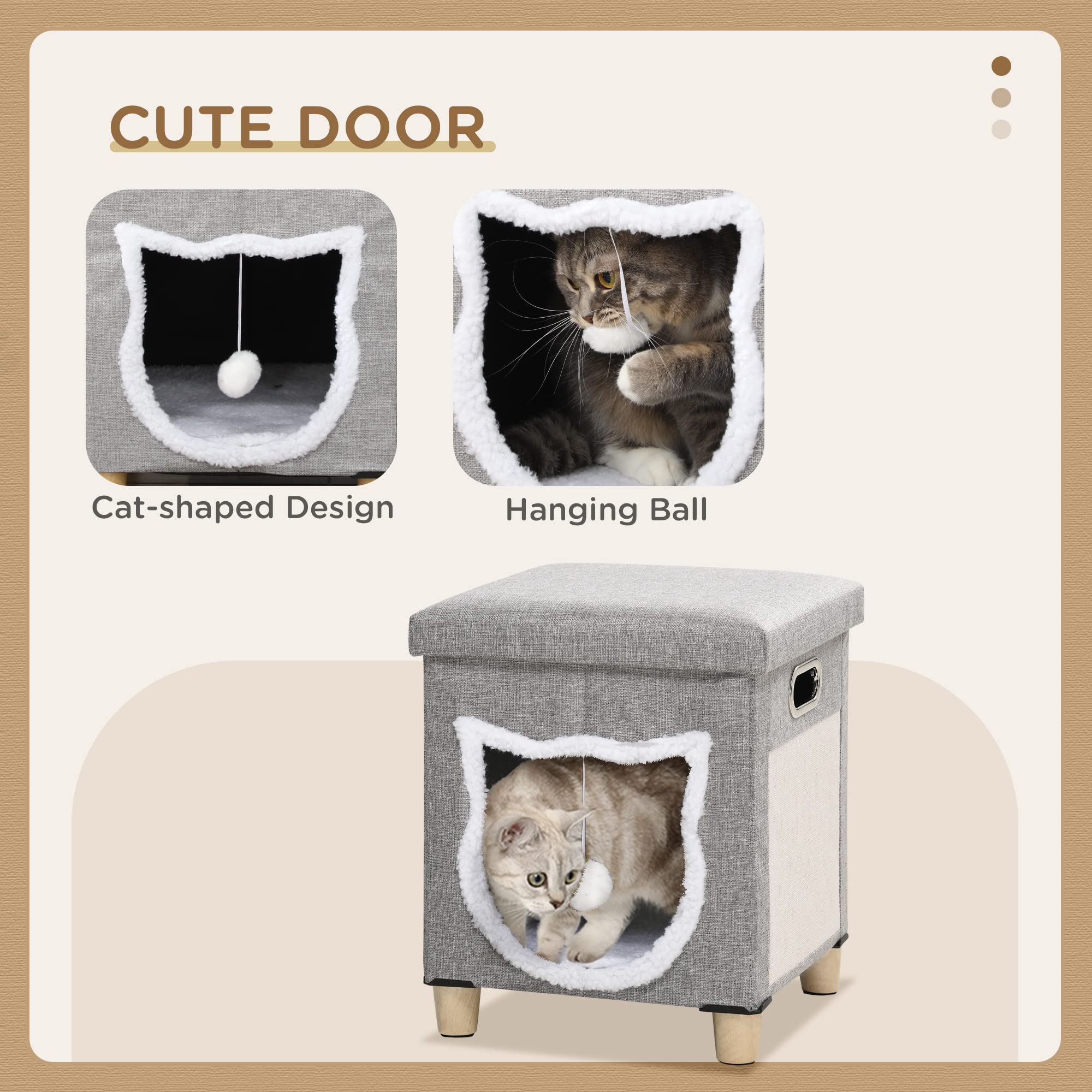 PawHut Cama Cueva de Gatos 2 en 1 Casa para Gatos Interior Tipo Reposapiés con Cojín Extraíble Bola Colgante y Almohadilla para Rascar 35,5x35,5x42,5 cm Gris