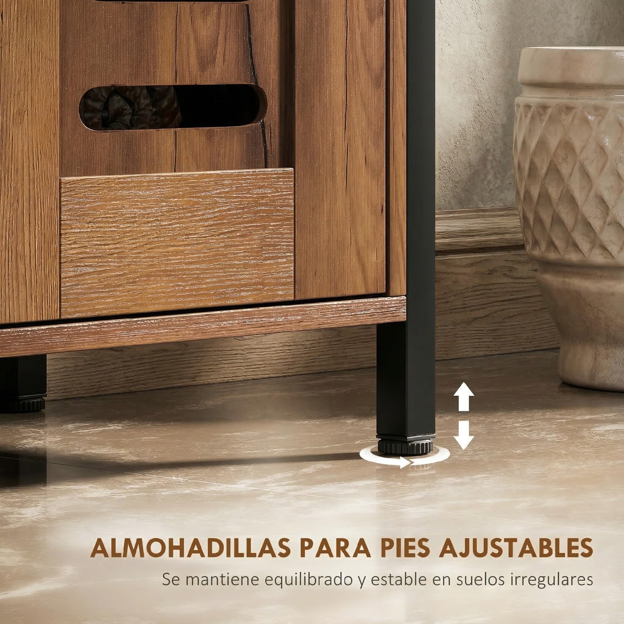 HOMCOM Mueble Bajo Lavabo Industrial con 2 Puertas de Lamas y Cierre Magnético, Estante Regulable, para Lavabos sin Pedestal, Mueble de Baño 60x30x60 cm Marrón Rústico