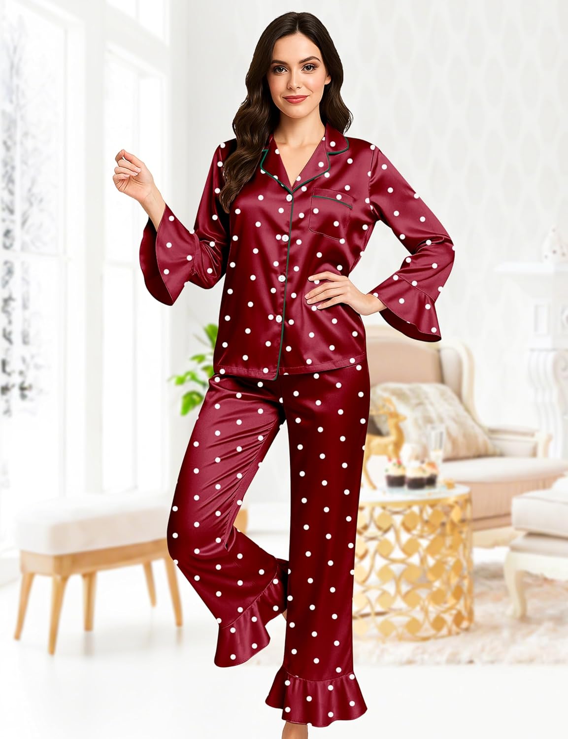 EPLAZA Silk Pajamas for Women Satin Pajamas Set 5 Pcs Long Sleeve Ruffle Button Down Pjs Sleepwear Loungewear Set - Image 2