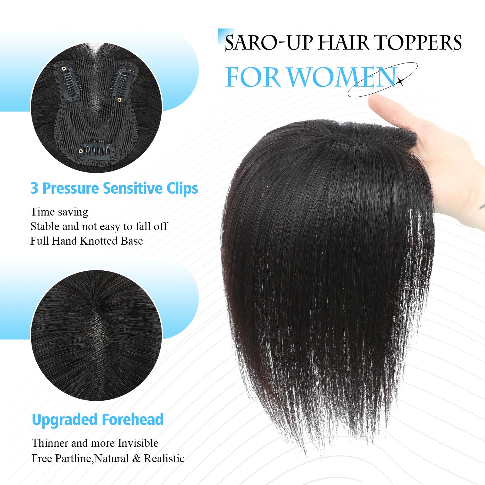 Hair Toppers for Thinning Hair Toppers for Women Real Human Hair Pieces with No Bangs 3 * 4Inch Hand-Tied Invisible Upgrade Swiss Base 10Inch Topper (Natural Black) - Image 4