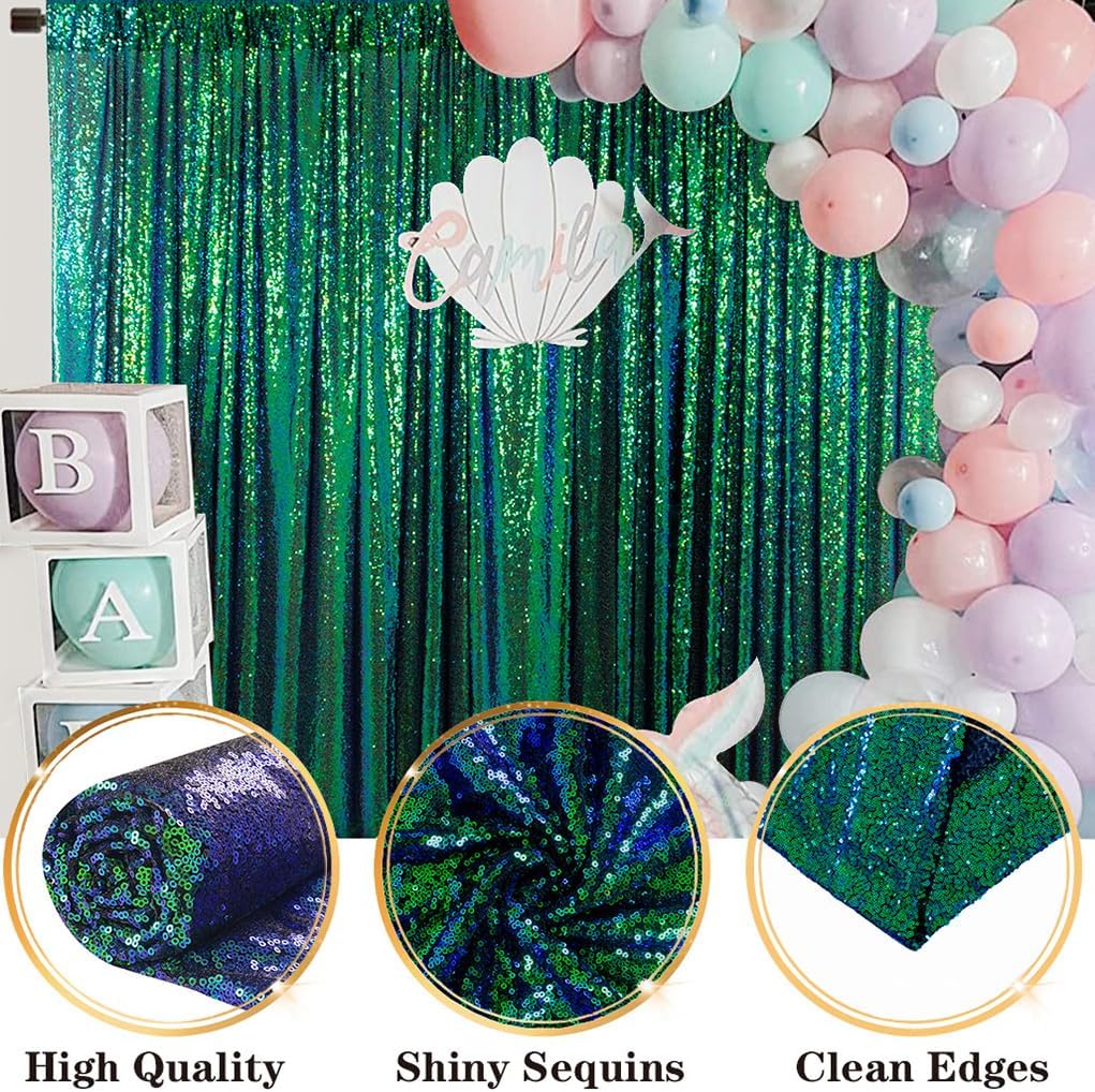 DUOBAO Iridescent Green Sequin-Backdrop-Curtain 1 Panel 10FTx10FT Colorful Green Sequin Backdrop 120-Inches for Photography Wedding Glitter Graduation Photo Backdrop