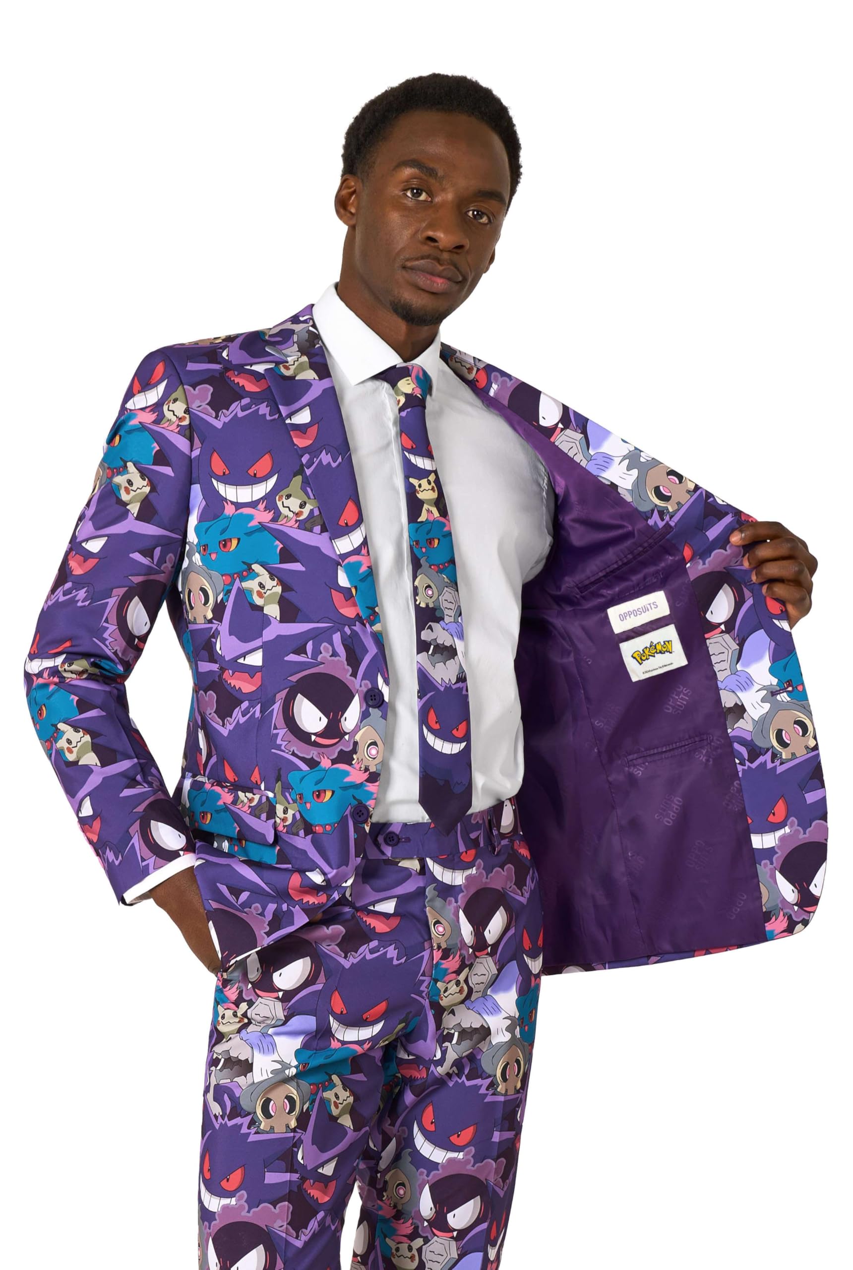 OppoSuits Tuta da uomo – Tuta ufficiale Pokémon Fantasma – Slim Fit – Multicolore – Include giacca e pantaloni e cravatta