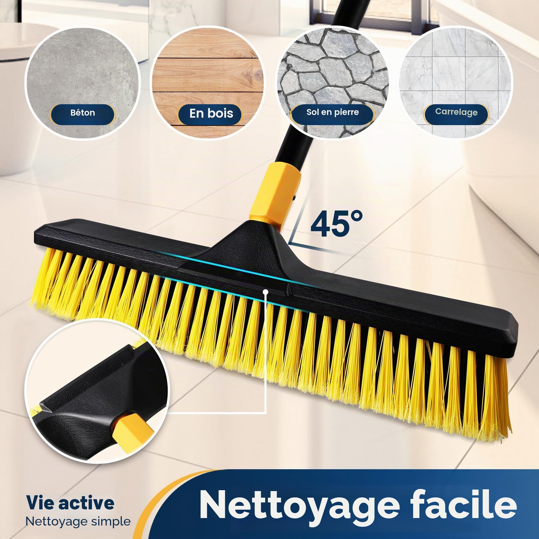 Yocada Balai télescopique à poils durs de 45,7 cm - Balai commercial pour extérieur, idéal pour nettoyer le patio, le garage, le pont, le béton, le bois, la pierre, le carrelage et le sol - Manche de