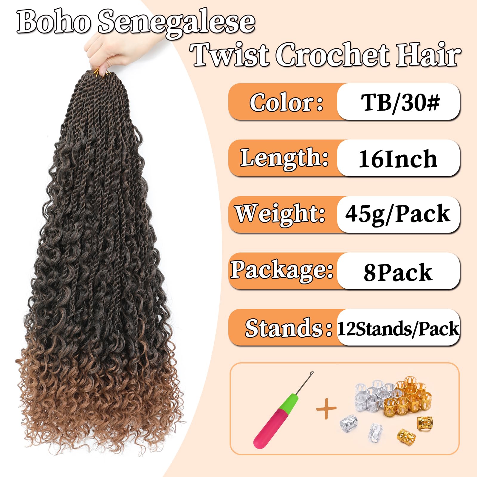 Auxemuen Senegalese Twist Crochet Hair 8Packs Boho Island Twist Crochet Hair with Curly Ends 16Inch Pre Looped Goddess Crochet Twists Hair Extensions for Black Women(TB/30) - Image 2