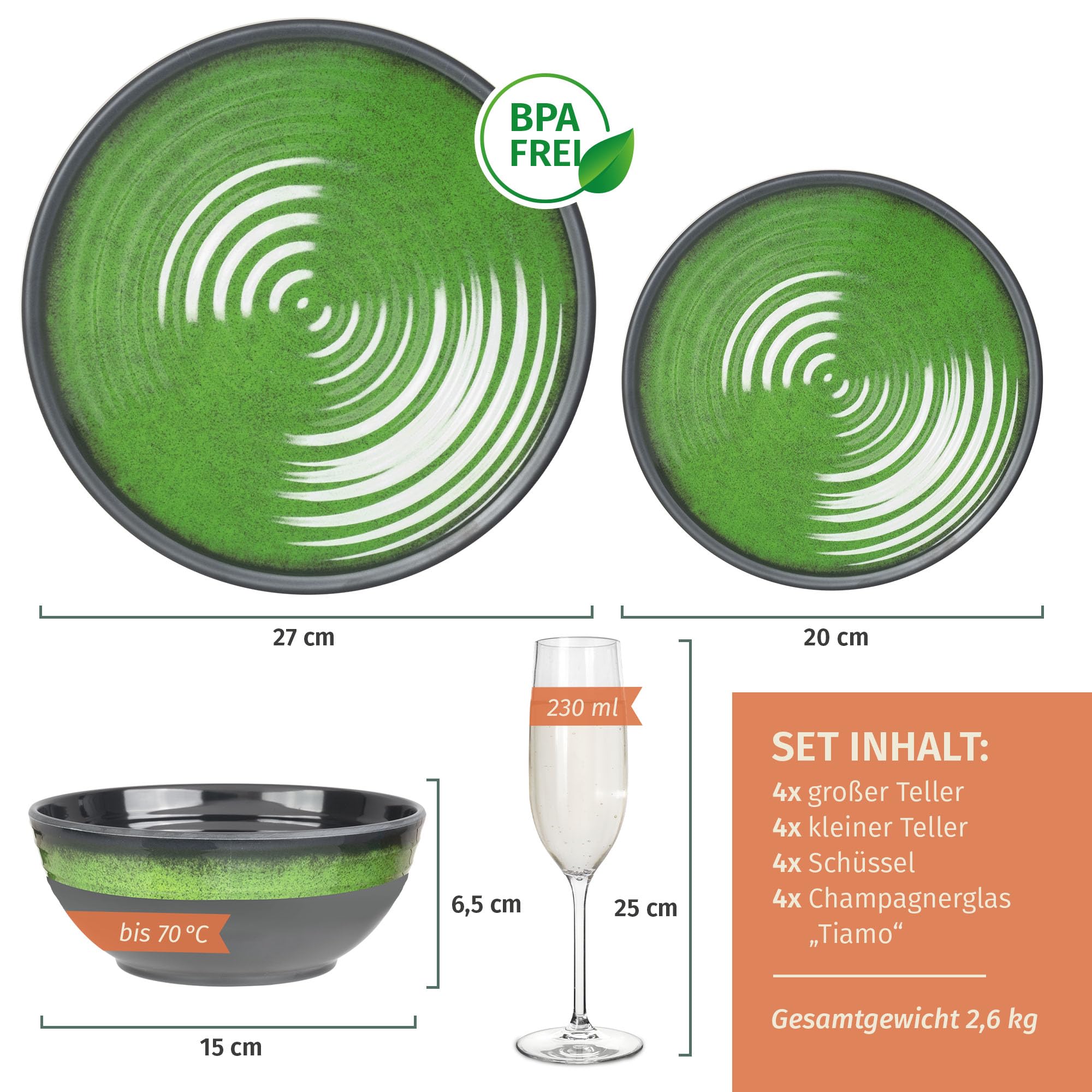Vajilla de melamina para camping, 4 personas, color verde piedra + 4 vasos de champán Tiamo Flûtes Vajilla Picnic BBQ Utensilios de cocina