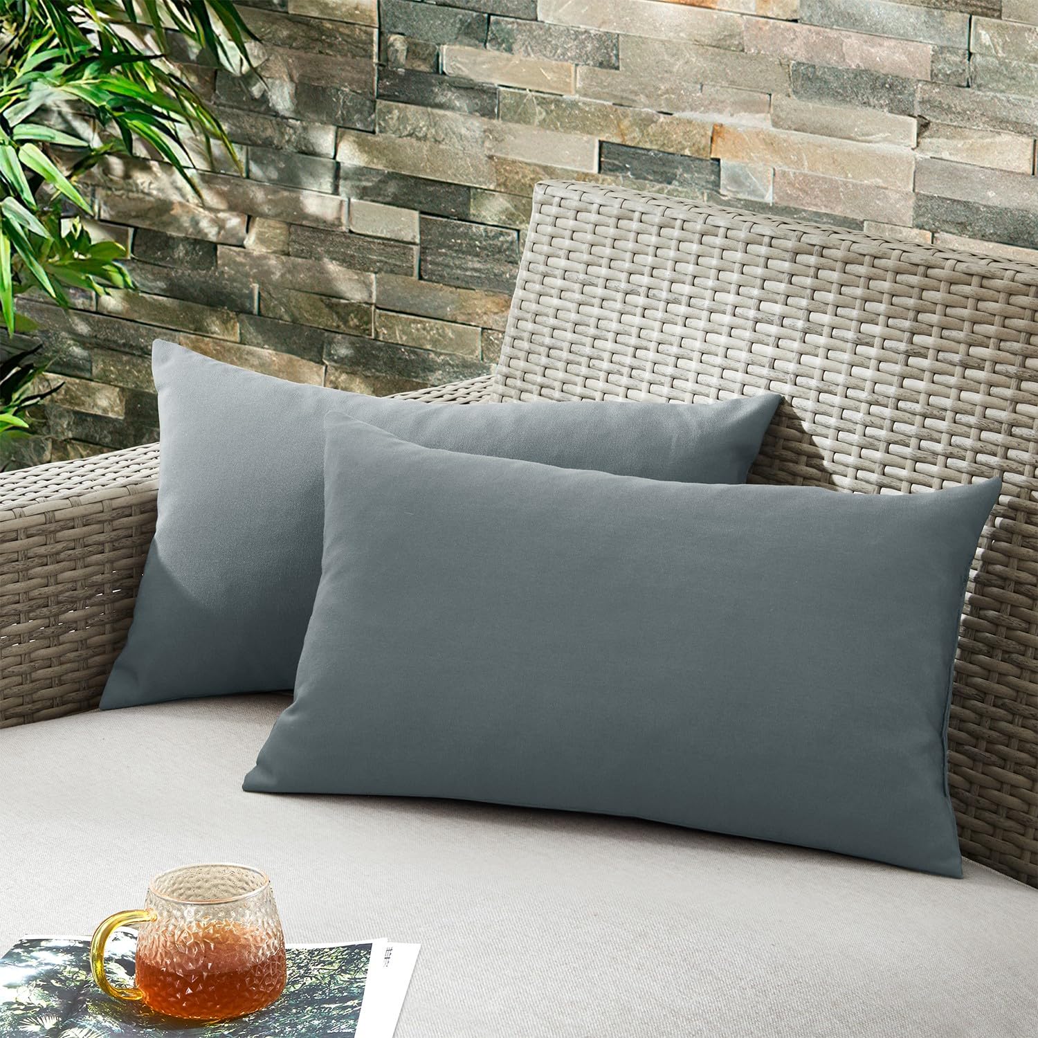 puredown outdoor water resistant throw pillows feathers and down filled decorative pillows for couch cushion garden bench 12 x 20 inch set of 2 grey