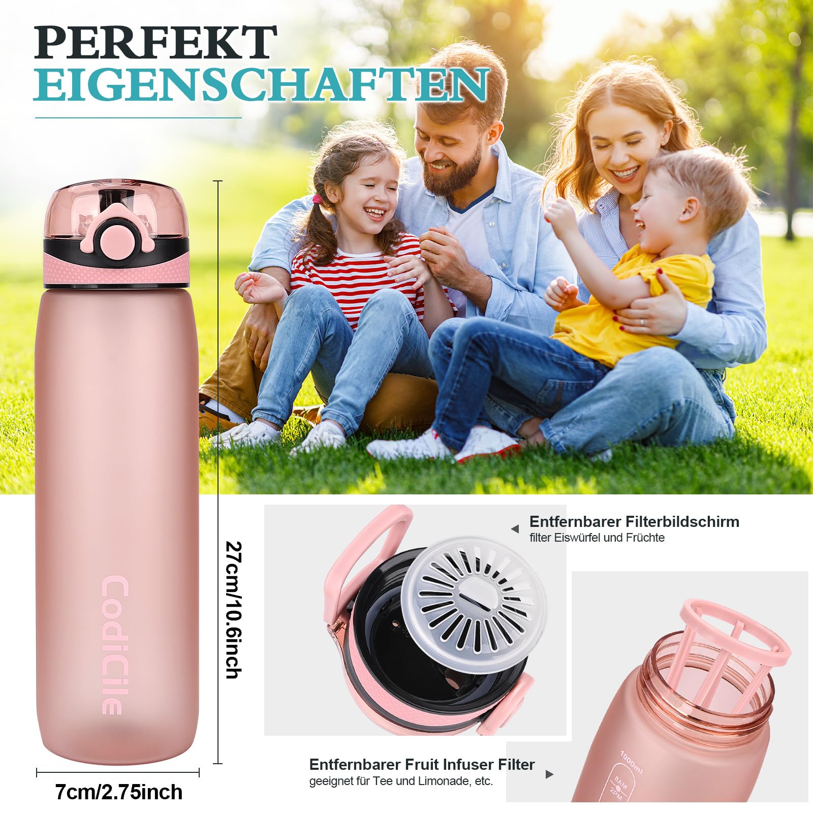 CodiCile Bouteille D'eau Sans BPA De 1 L - Anti-fuite - Grande