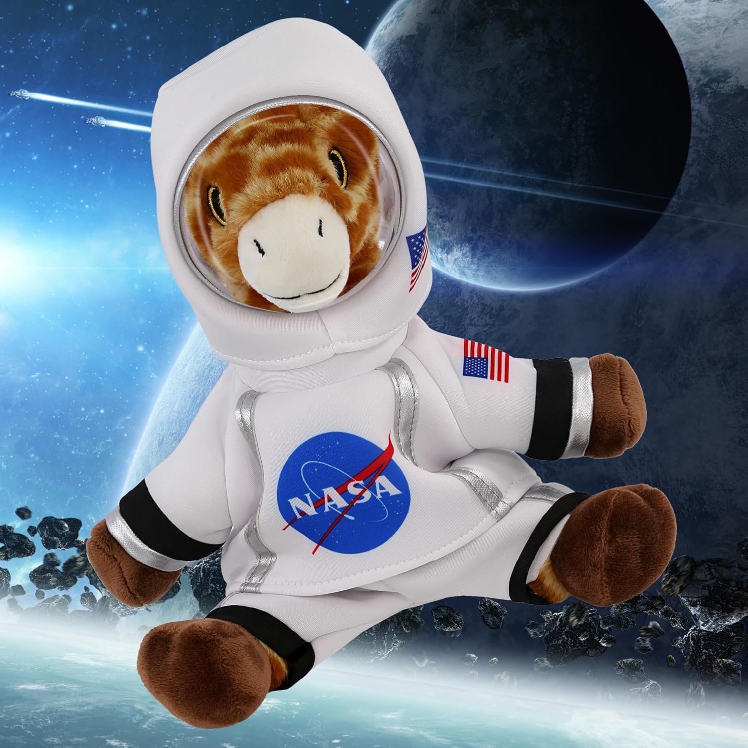 DolliBu Eco-Friendly Giraffe Astronaut Plush Toy - Astronaut Giraffe Stuffed Animal with Space Helmet and NASA Suit, Spaceman Doll Decor for Girls and Boys with Personalization - 10 Inches
