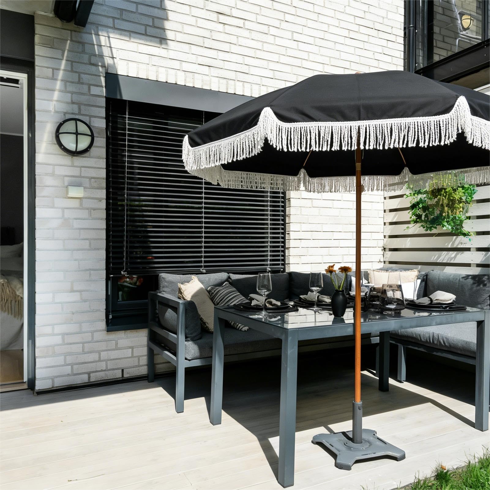 Parasol Plażowy Frędzlami Ø 200 Cm, Przenośny Parasol z Przyciskiem Nachylenia Tarasowy UPF 50+ 8 Wytrzymałymi żEbrami, do Ogrodu, na Taras