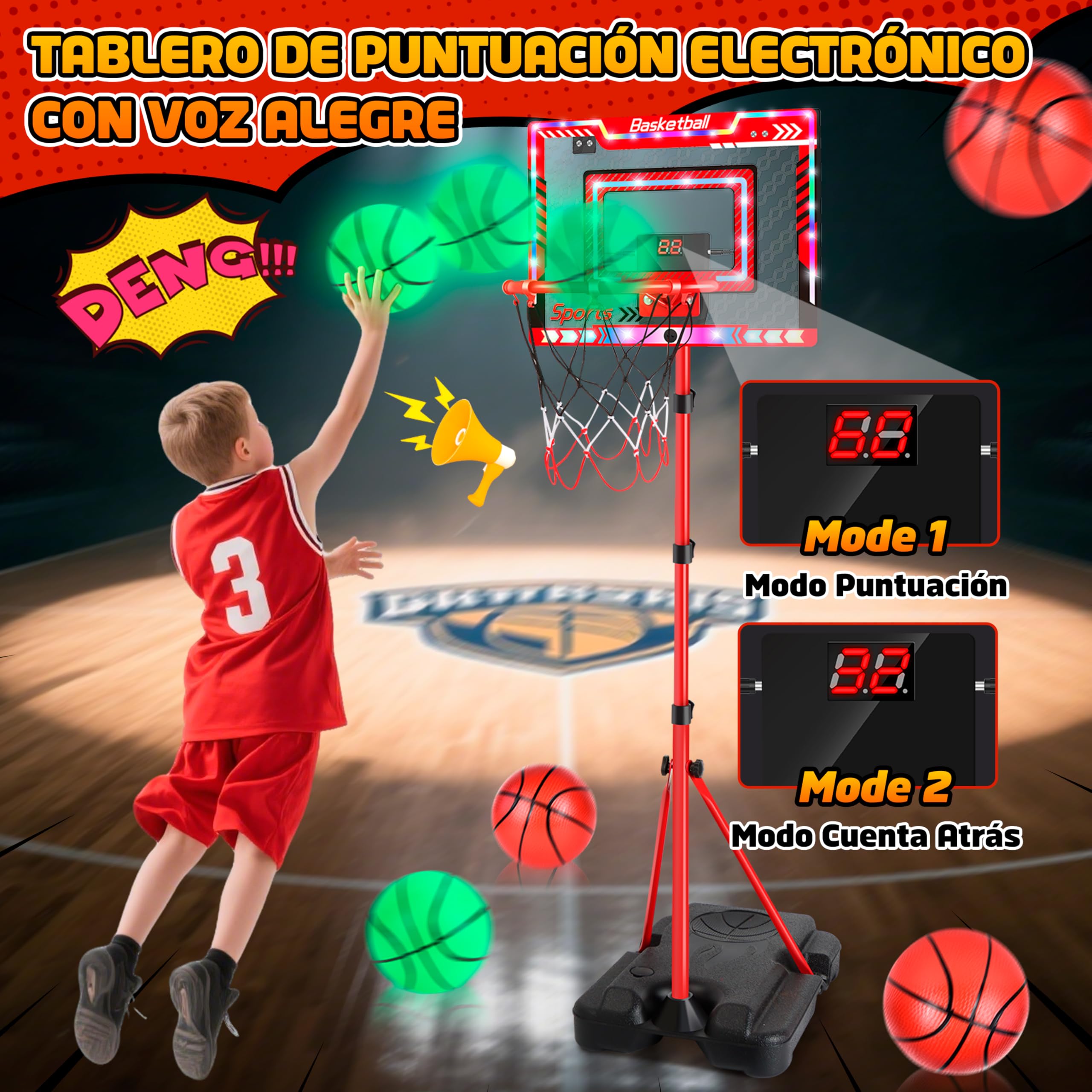 Charmofun Canasta de Baloncesto LED para Niños, Altura Ajustable 105-183 cm, Tablero de Basket Interior Exterior Juego con 6 Balón, Portátil con Base Ponderada, Regalos Juguetes para Niños 8+ Años