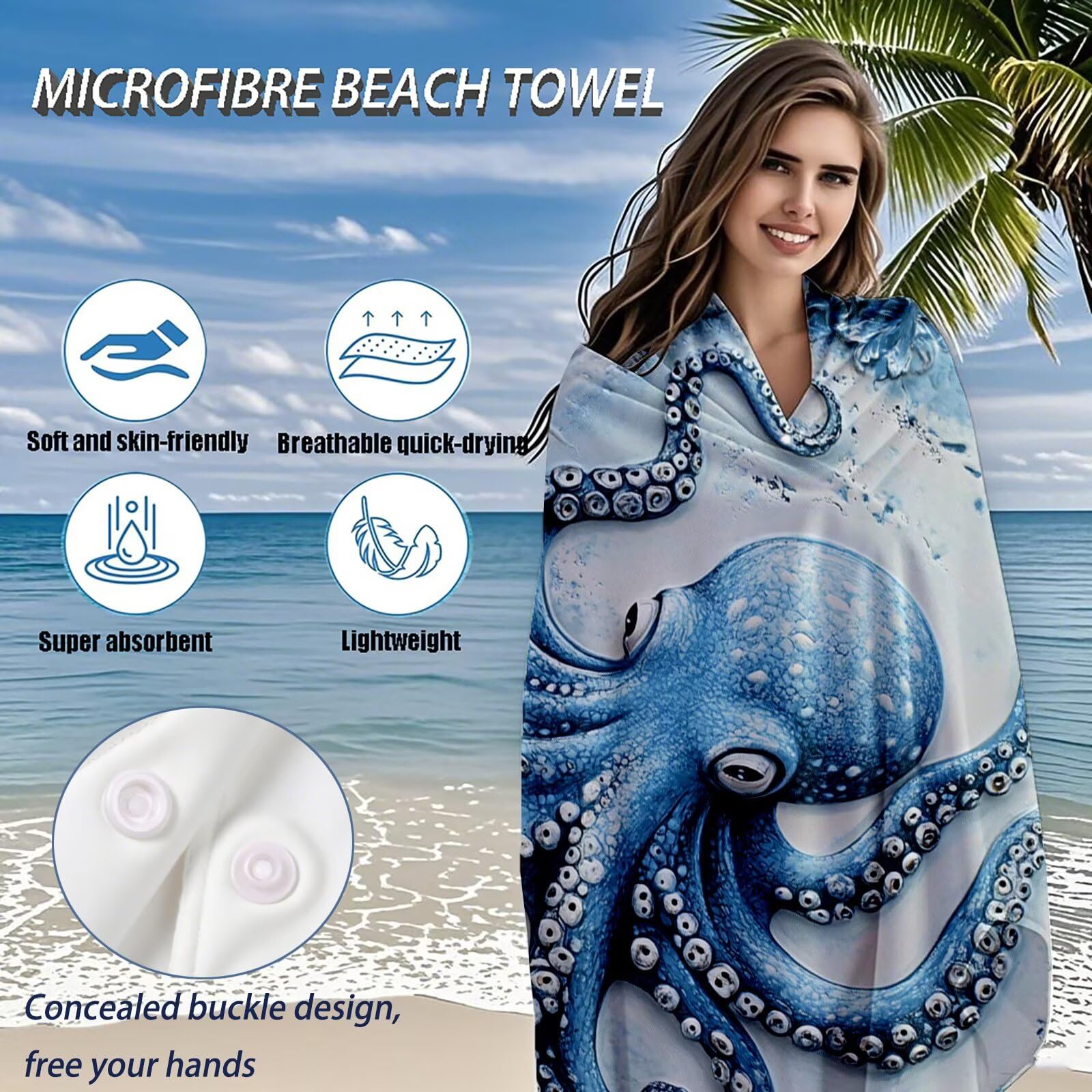 Toallas de Playa Microfibra Pulpo Toalla Playa Grande 100 x 180 cm Mujer Hombre Secado Rápido Absorbente Toallas Gimnasio Suave Sin Arena Toalla Microfibra para Playas Piscina Viajes Camping Q-702