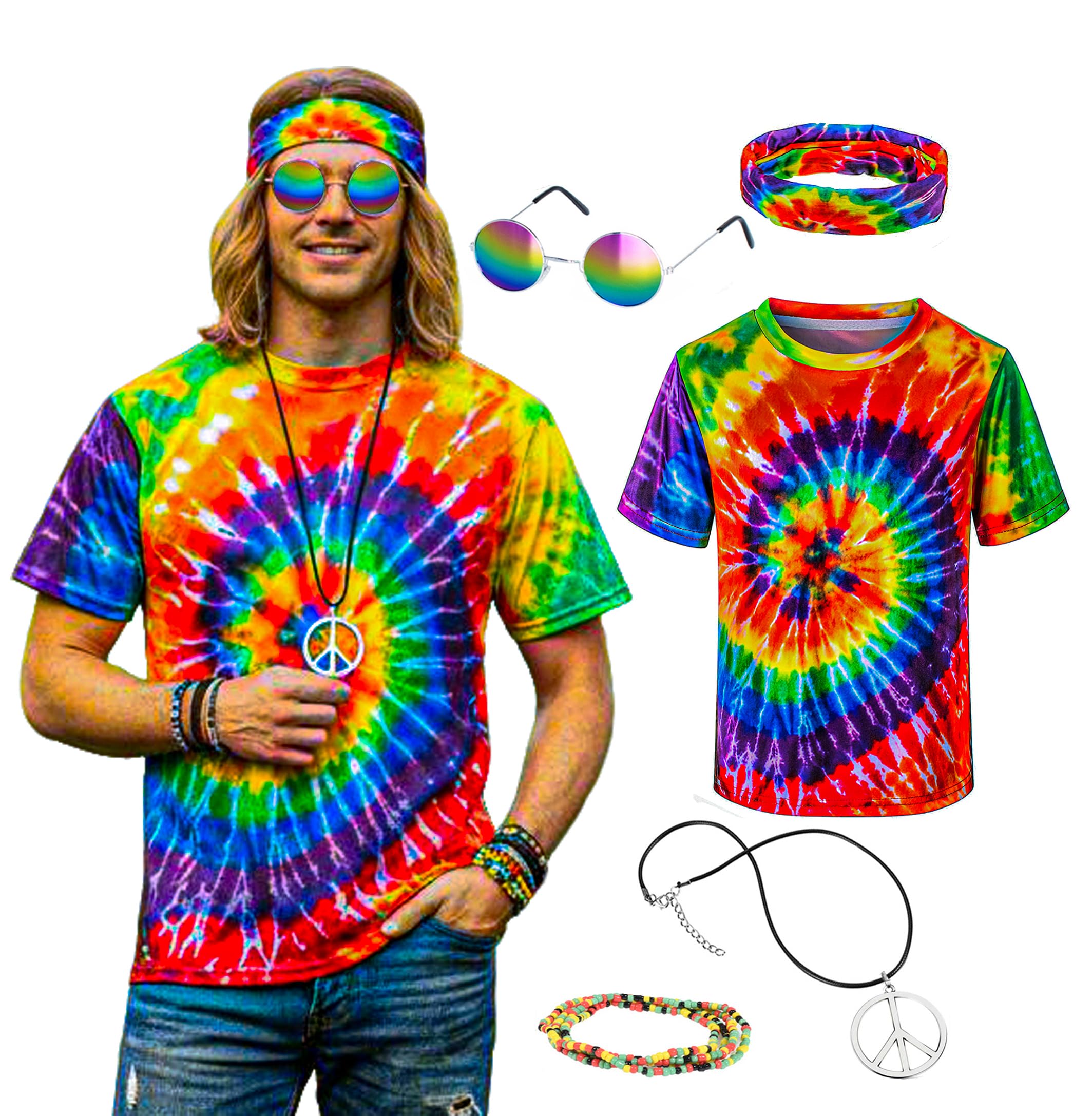 Hippie Costume for Men Momen 60s 70s Colorful T-Shirt 5 PCS Accessories Set for Theme Party