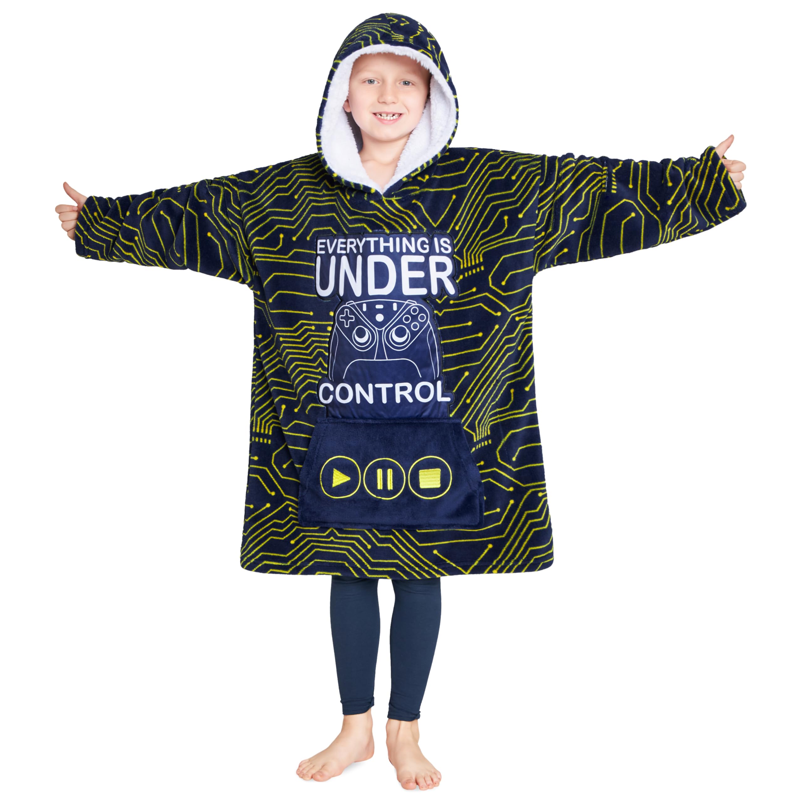 CityComfort Hoodie Blanket for Kids & Teenagers Fleece Wearable Blanket Warm Gamer Football Oversized Hoodie with Sherpa Hood Loungewear Gaming Gifts (Navy/Yellow)