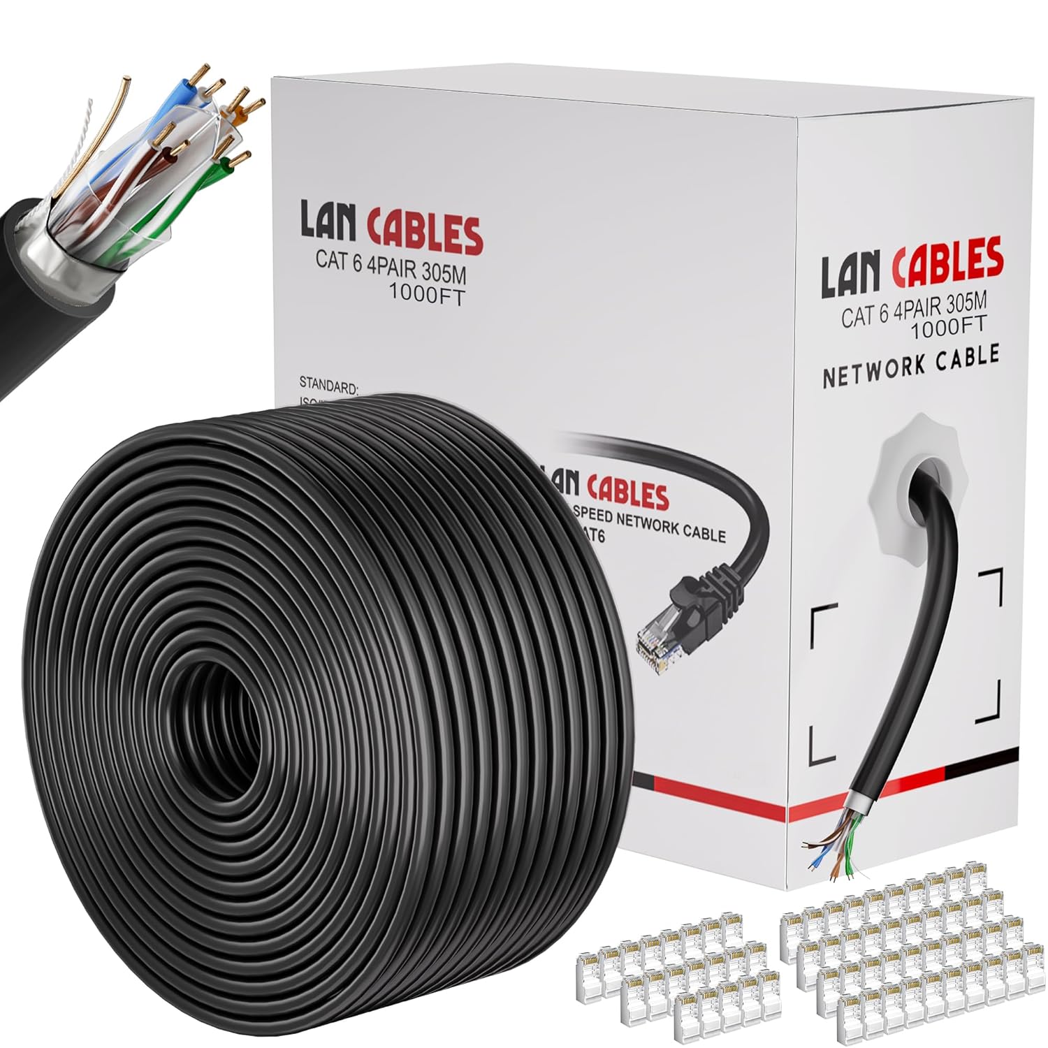 MEIPEK Cat 6 Ethernet Cable 1000ft Outdoor (60 RJ45), FTP Shielded Cat 6 Ethernet Cable Bulk, 23AWG, Heavy Duty, Direct Burial, Waterproof, UV Resistant, Cat6 1000ft for Router, PC, Gaming, CCA
