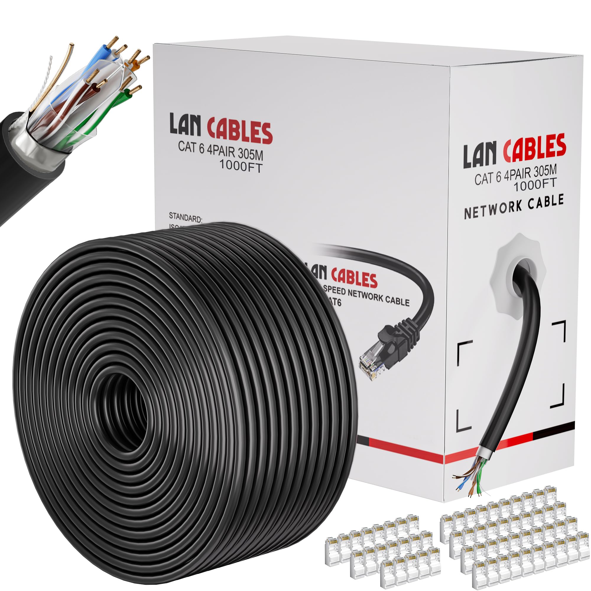 MEIPEK Câble Ethernet Cat 6 de 304,8 m d'extérieur (60 RJ45), FTP blindé Cat 6 en vrac, 23 AWG, très résistant, à enfouissement direct, imperméable, résistant aux UV, pour routeur, PC, jeux, CCA