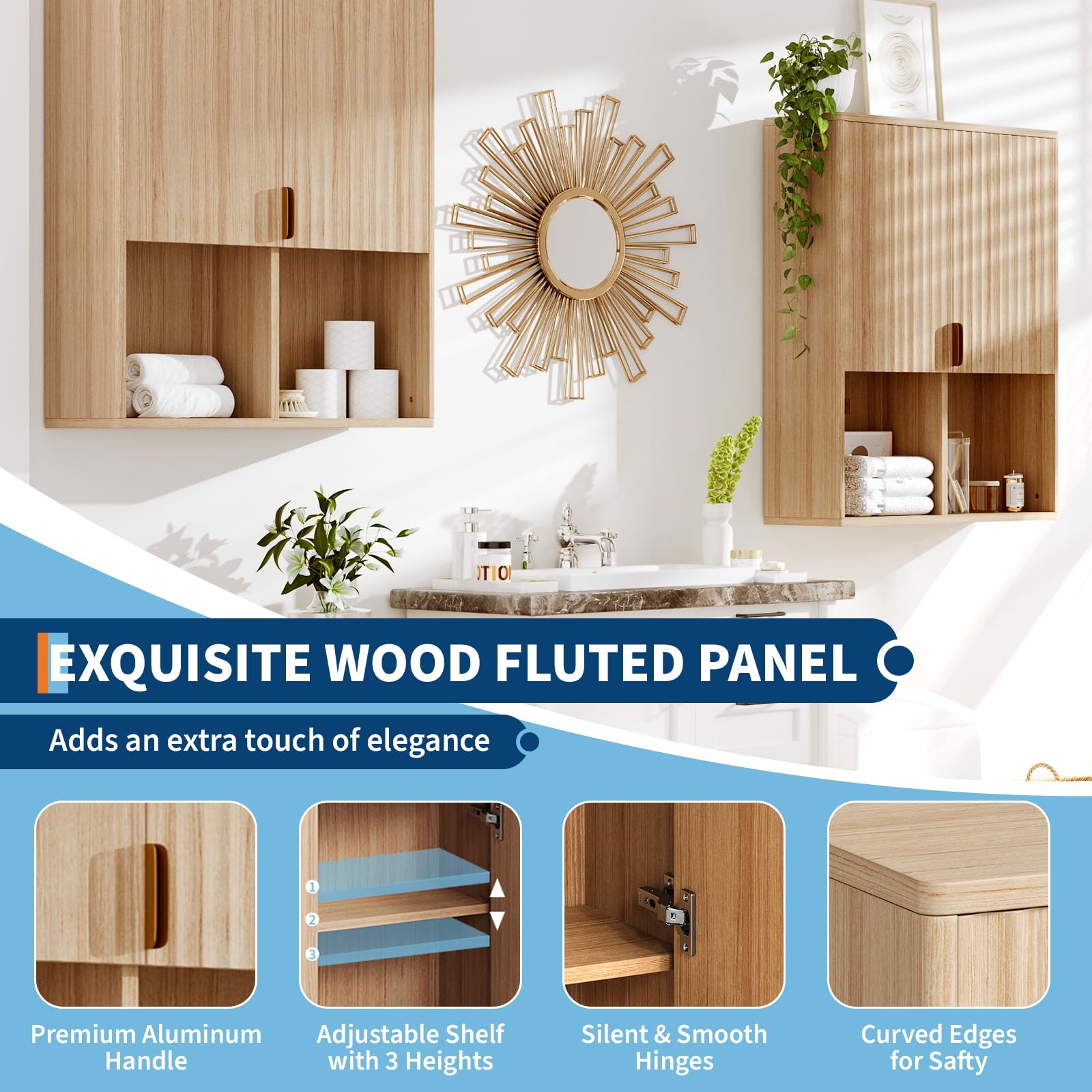 GarveeHome Gabinete de baño de Madera Natural montado en Pared - Puertas, estantes Ajustables y Espacio Abierto - Almacenaje Moderno sobre Inodoro para baño, lavandería, Cocina y Sala - Madera