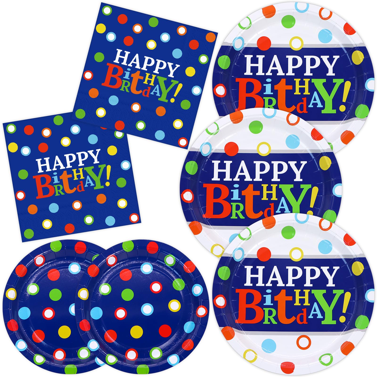 DYLIVeS Colorful Dots Party Plates and Napkins Set, Blue and Rainbow Polka Dots Decorations Disposable Tableware Set Rainbow Dots Party Supplies for