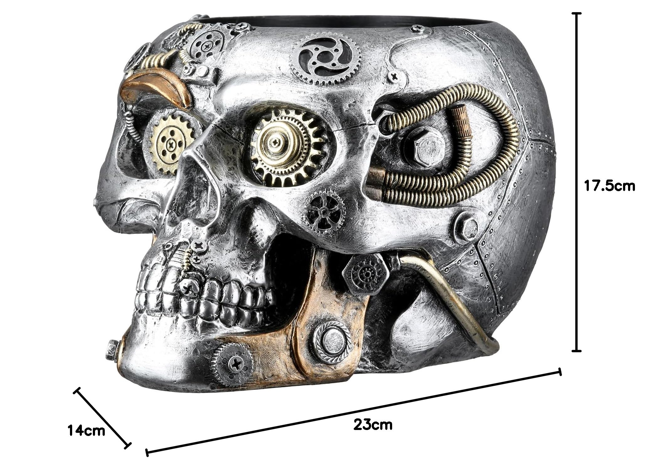 GILDE Steampunk Skull Planter - Portavaso in resina artificiale, altezza 14 cm x larghezza 18 cm, colore argento, finitura anticata, motivo ingranaggi, teschio