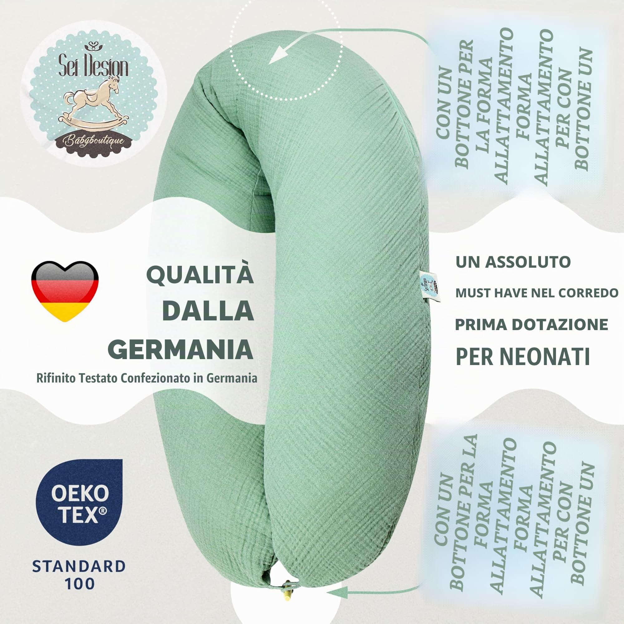 sei Design Cuscino Allattamento XXL 190x30 - Cuscino Gravidanza Ergonomico, Cuscino Laterale per Dormire - Fodera Esternamente: lavorato a maglia, 100% Cotone BIO, Cuscino Neonato Accessori Utili