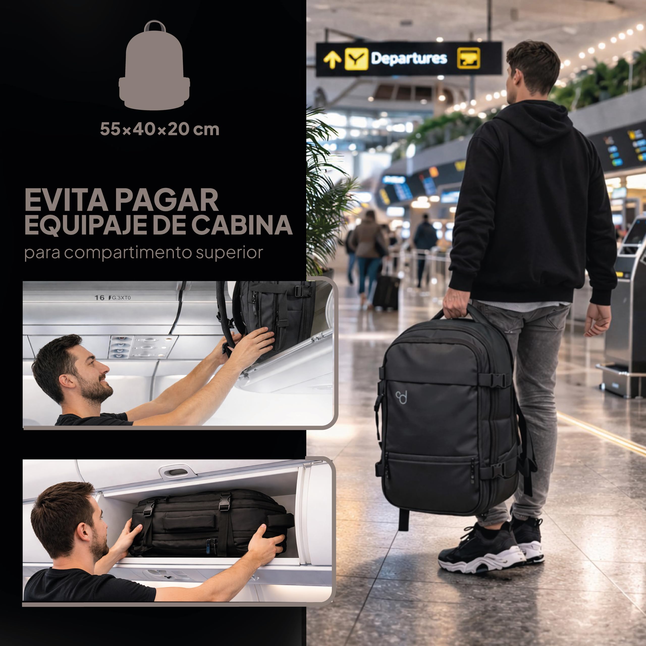 OcioDual Mochila Viaje Cabina 55x40x20 Expandible 40L, Equipaje de Mano Avión, Compartimento Portátil 17", Compatible Iberia Lufthansa British Airways