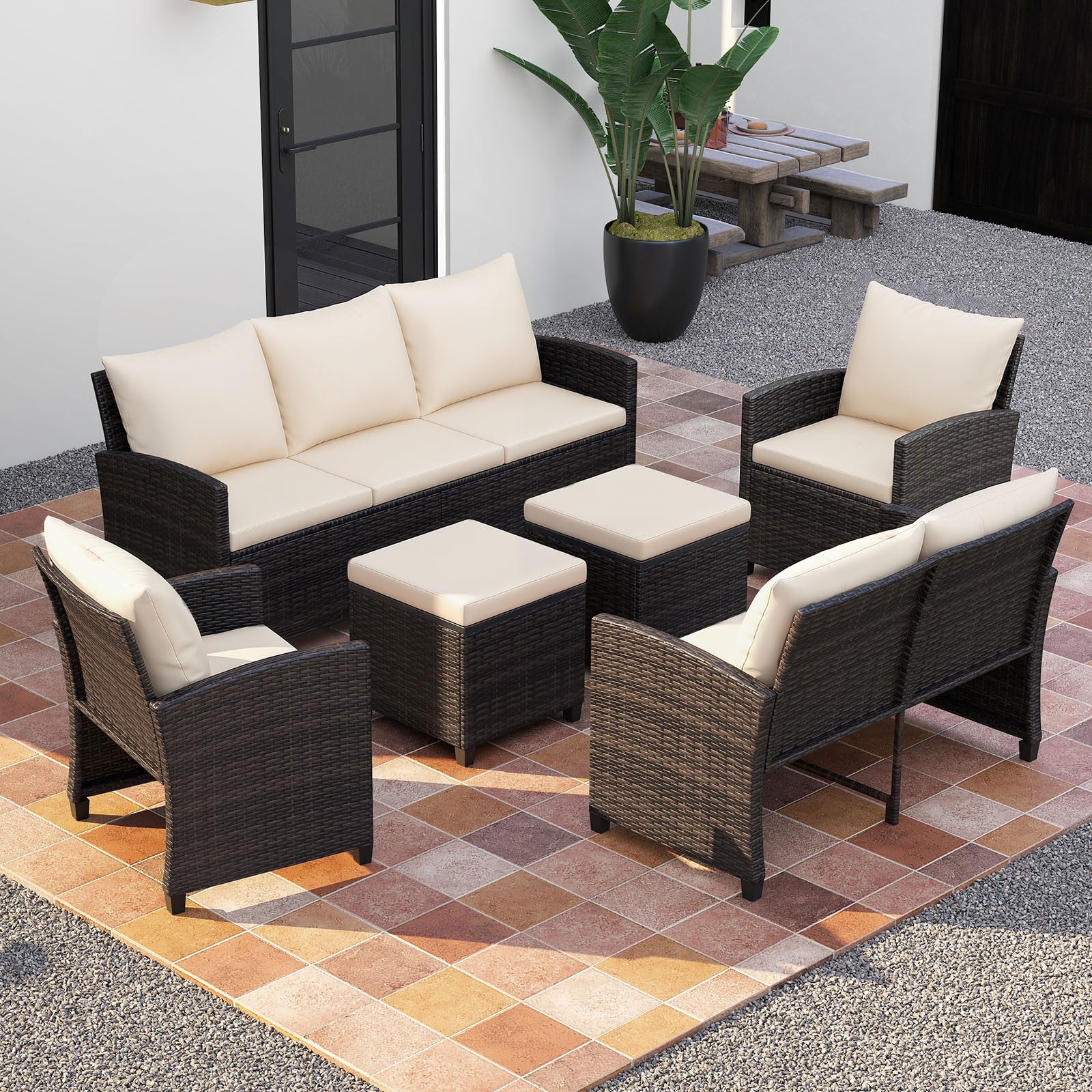 COSTWAY Set Salotto da Giardino per 7 Persone, Set da Esterno in Rattan con Divano a 3 Posti, Divano a 2 Posti, 2 Poltrone e 2 Poggiapiedi con Cuscini Morbidi per Terrazza e Balcone (Beige)