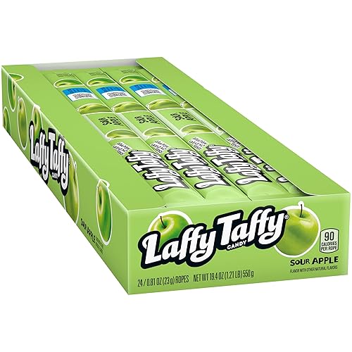 Cinco sabores diferentes de Laffy Taffy Rope plátano, cereza, uva, manzana agria y fresa. 24 por caja, y cada cuerda individual es de 0.81 onzas