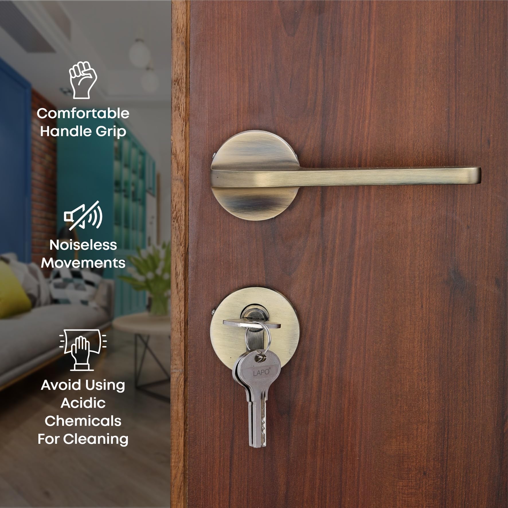 LAPO Mortise Door Lock for Home Main Door & Bedroom with Handle | Heavy-Duty 70mm Cylinder | 50x85mm Body | 3 Brass Keys | Left-Right Fit 30-50mm Door Home Office Hotel | Antique Finish | Ro-127 1