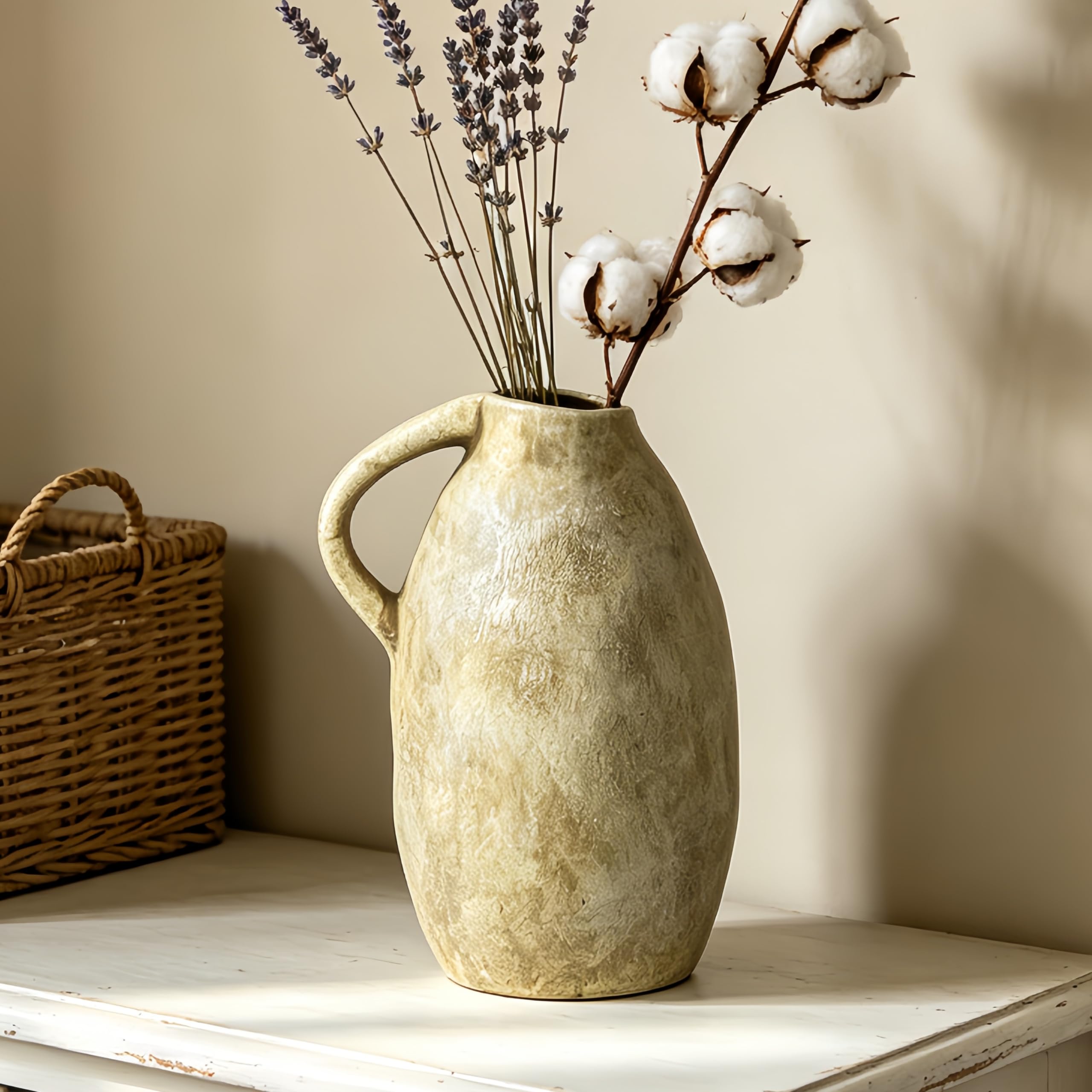 Duoqulou Rustic Ceramic Yellow 10.3 Inches Vase with Handle, Antique Terracotta Vase for Home Decor, Living Room, Entryway, Farmhouse, Wedding and Thanksgiving Gift