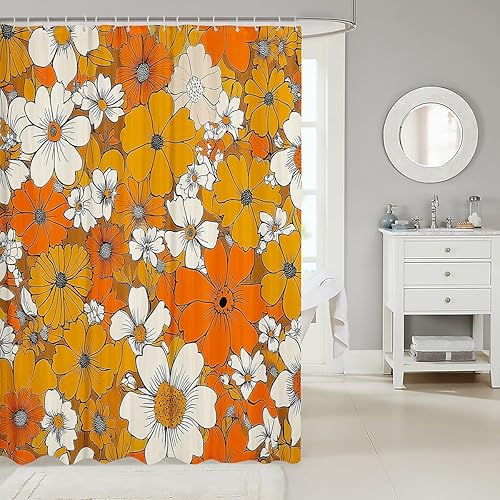 Miniatura 2 de Cortina de baño con diseño floral bohemio de 72 pulgadas de ancho x 72 pulgadas de largo, cortina de baño retro de los años 60 y 1970 para niños,