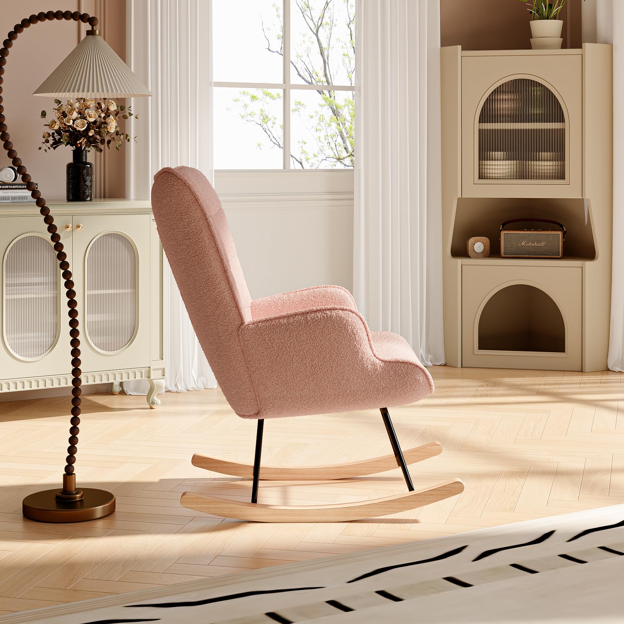 Sedia a dondolo Rosa, Rocking Chair, Sedia per l'allattamento, Sedia in velluto Teddy con gambe in legno massiccio, per soggiorno, camera da letto, balcone (rosa)