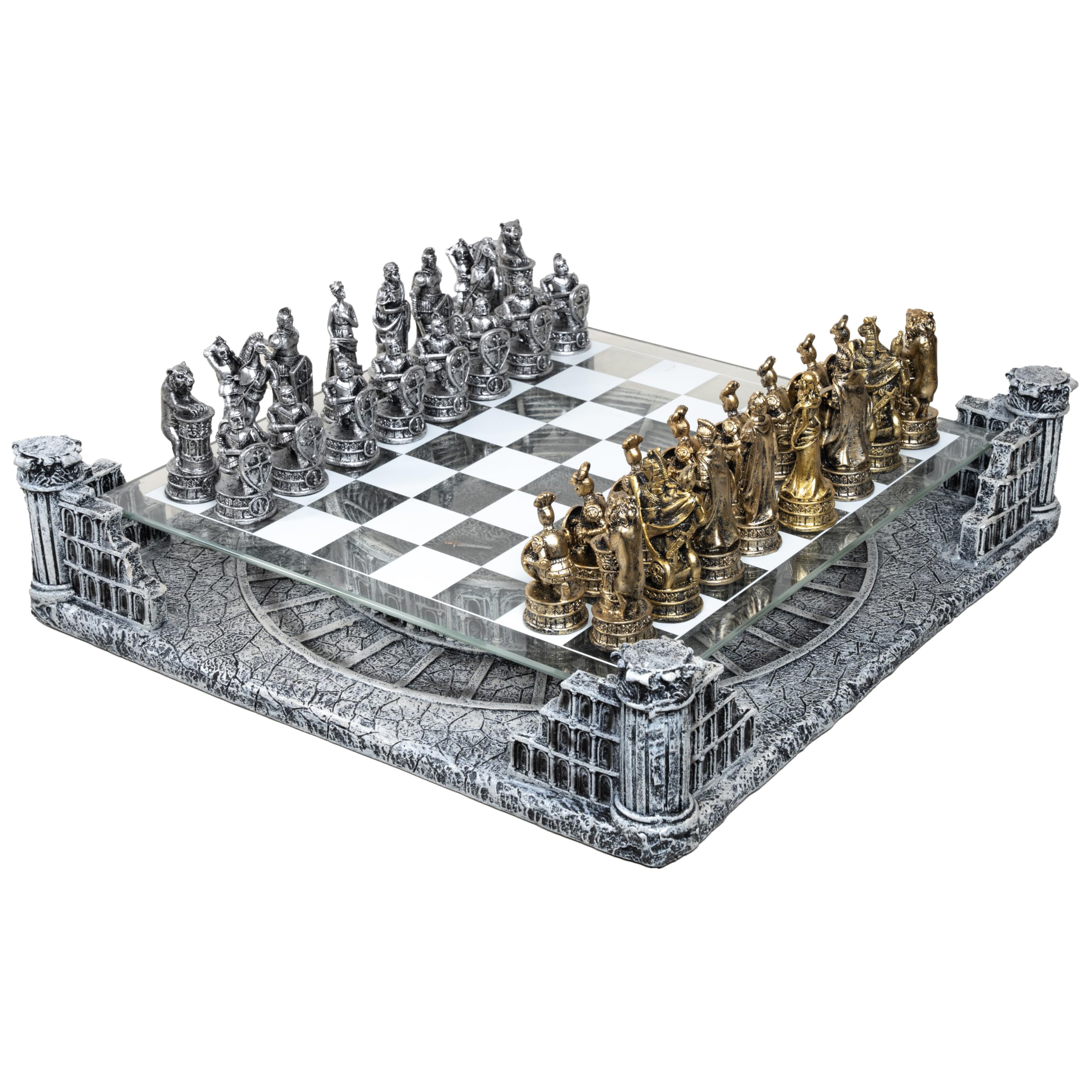 Ancient Rome Chessboard - Roman Empire with Colosseum Glass Top 40 x 40 cm, Ceramic Base and Gold and Silver Resin Pawns High Quality Elegant and Sophisticated Furniture - History Gift Idea