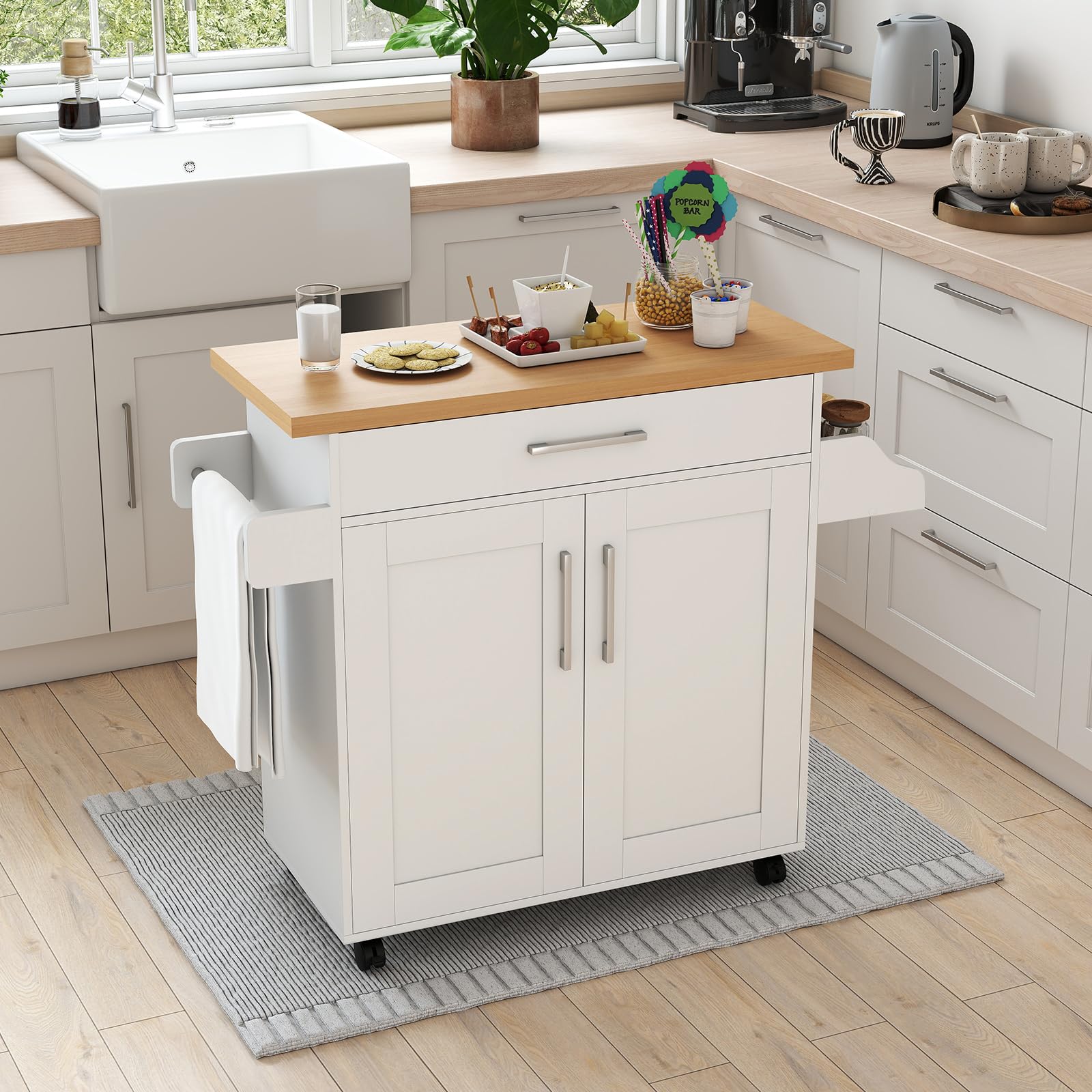 COSTWAY Carrello da Cucina, Credenza Salvaspazio con Cassetto, Ripiano Regolabile, Portaspezie, Portasciugamani e Ruote, Mobile da Cucina per Sala da Pranzo e Soggiorno, 111 × 40 × 90 cm (Bianco)