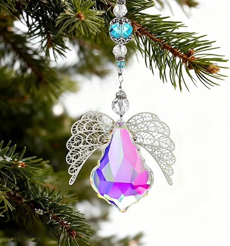 HDCRYSTALGIFTS Atrapasoles de ángel guardián de cristal de 14 pulgadas, prismas de cristal arcoíris, para el hogar, ventana, jardín, decoración