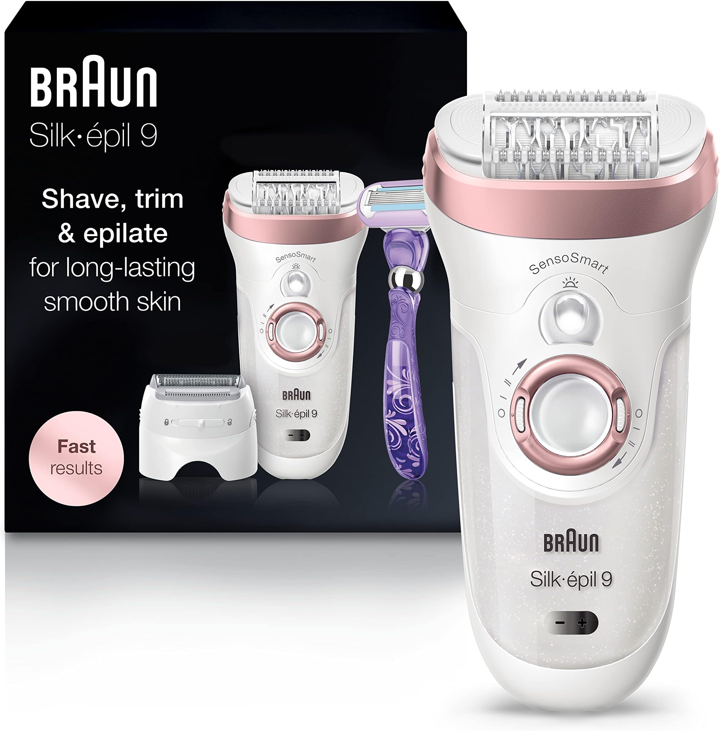 Braun Epilator for Women, Silk-Ãƒ©pil 9 9-870 for Hair Removal, Wet & Dry, Facial Hair Remover, Women Shaver & Trimmer, Cordless, Rechargeable, with Venus Extra Smooth Razor, White/Rose Gold