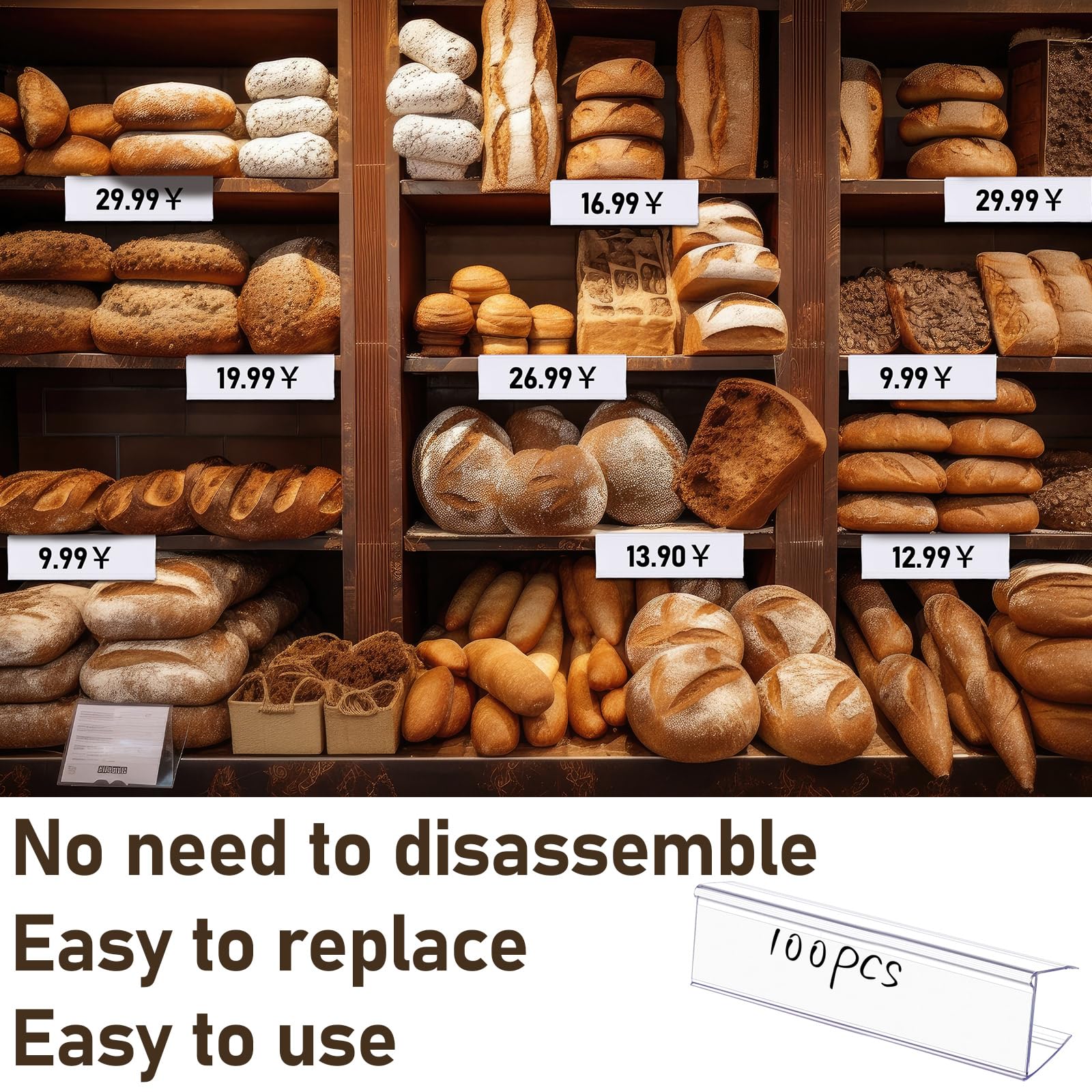Weysat 100 porta etichette in legno trasparente per mensole, 10,2 cm di lunghezza x 2,5 cm di altezza, per scaffali, cartelli in legno e porta biglietti, clip su scaffali da 1,9 cm a 2,5 cm di