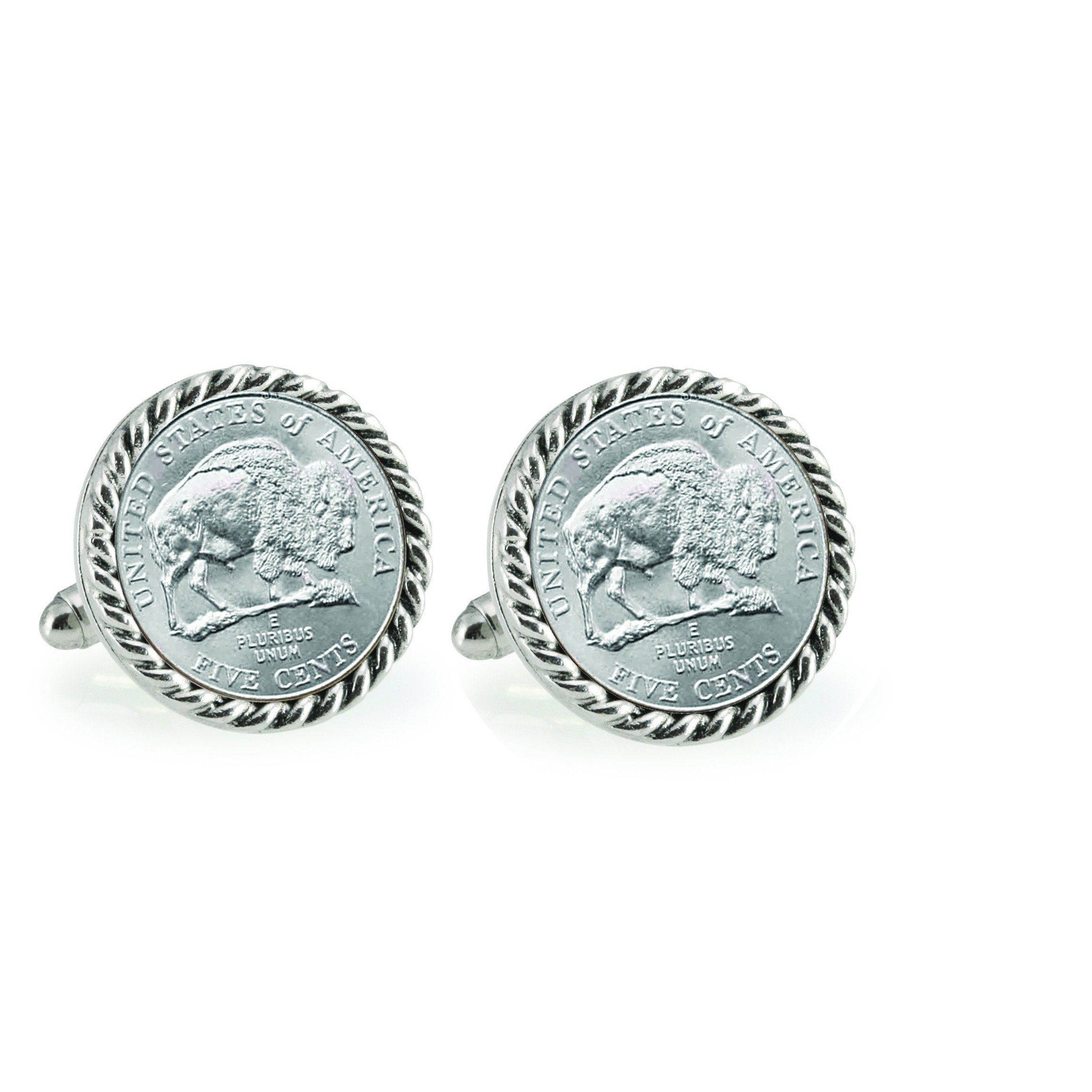 American Coin Treasures 2005 Bison Nickel Silvertone Rope Bezel Cuff Links