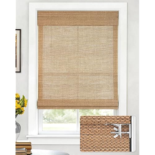 LazBlinds No Drill Cordless Bamboo Roman Shades, Light Filtering Blinds for Indoor Windows, Roll Up Bamboo Blinds for Home, 26" W x 48" H, Star-Brown