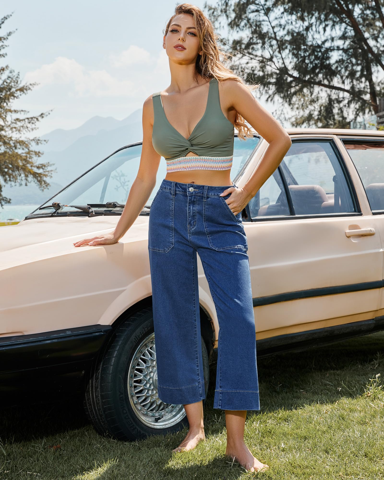 Roskiky Capri Jeans Damen hoch taillierte Jeans mit weitem Bein