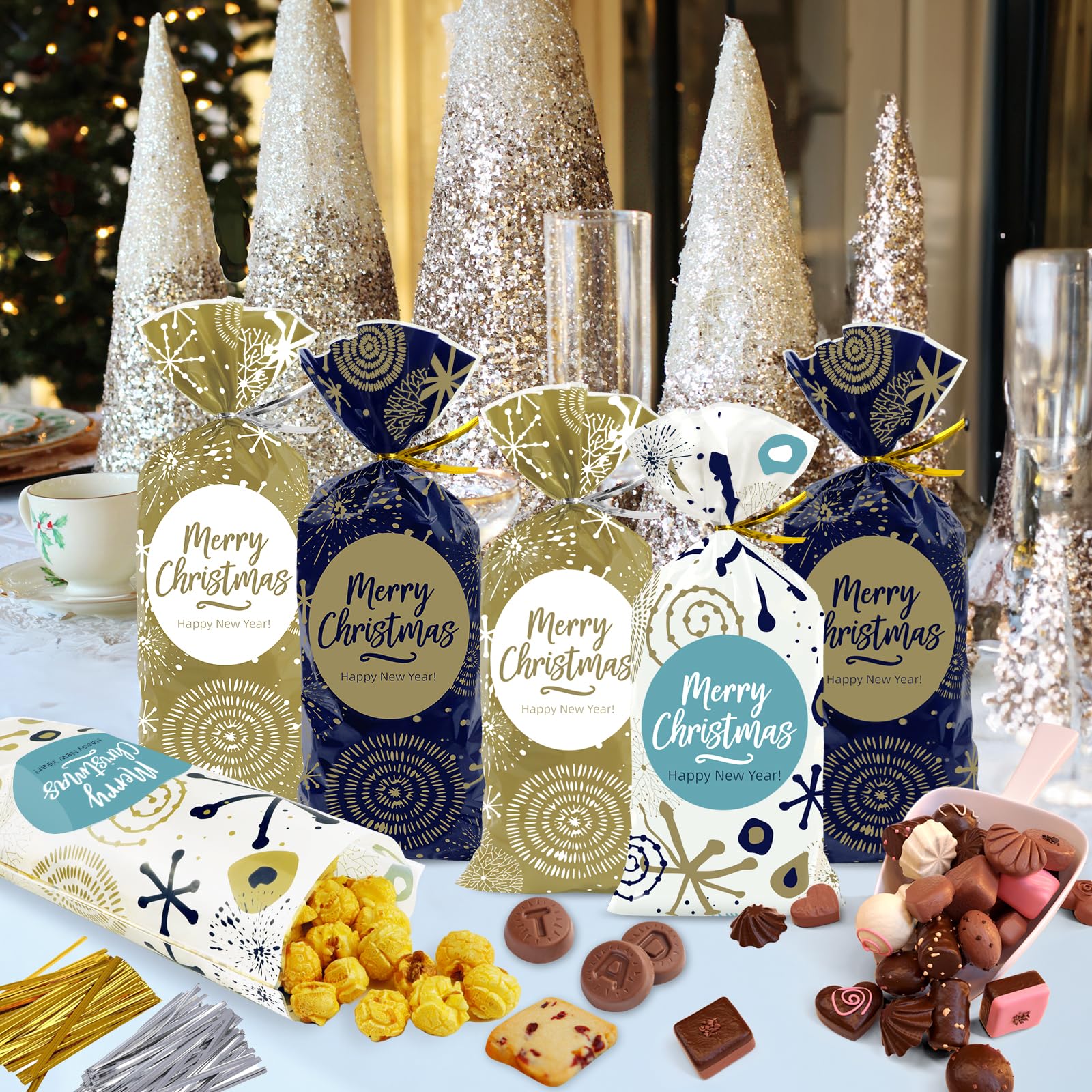 100 stuks Kerstmis zoetigheden zakjes, transparante cellofaanzokjes, kunststof zakjes, cadeauzakjes voor zoetigheden met 100 draaibare banden voor de voorziening van Kerstmis feestdecoraties