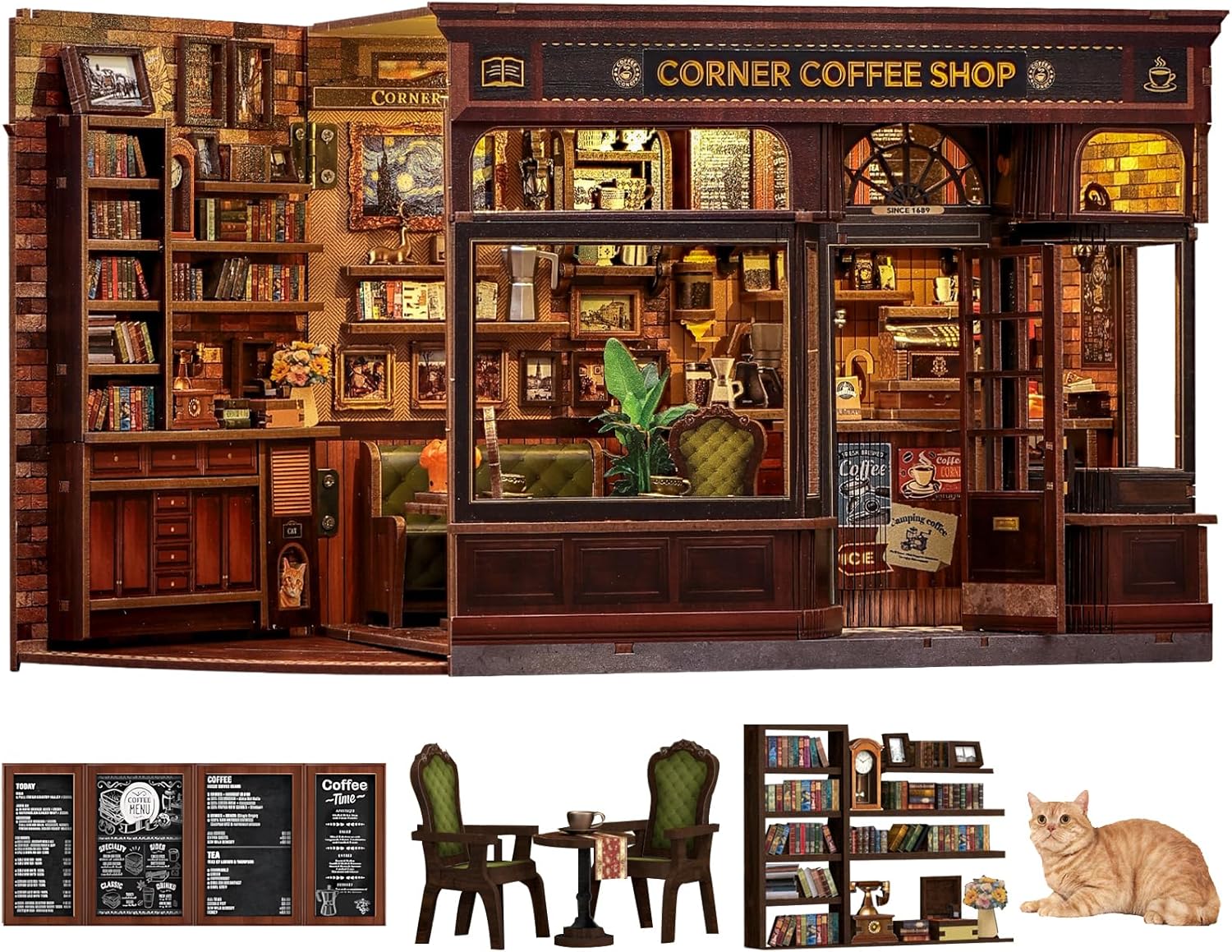 Fsolis Book Nook Kit - DIY 3D Puzzles for Adults Coffee House Library Model Bookshelf Diorama Building Kit, Craft Gifts for Women Readers Book Lovers (Corner Coffee Shop)
