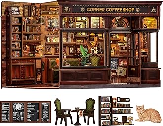 Fsolis Book Nook Kit - DIY 3D Puzzles for Adults Coffee House Model Bookshelf Diorama Building Kit, Craft Gifts for Women Readers Book Lovers (Corner Coffee Shop)