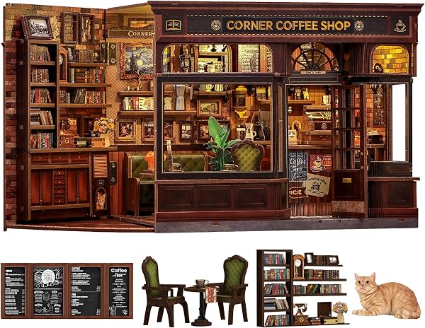 Fsolis DIY Book Nook Kit - Casas de muñecas Miniatura Regalo Creativo para Adultos y Adolescentes, Mágica Decoración 3D de Madera con Casa de Muñecas Iluminada para Librerías(Corner Coffee Shop) - 1