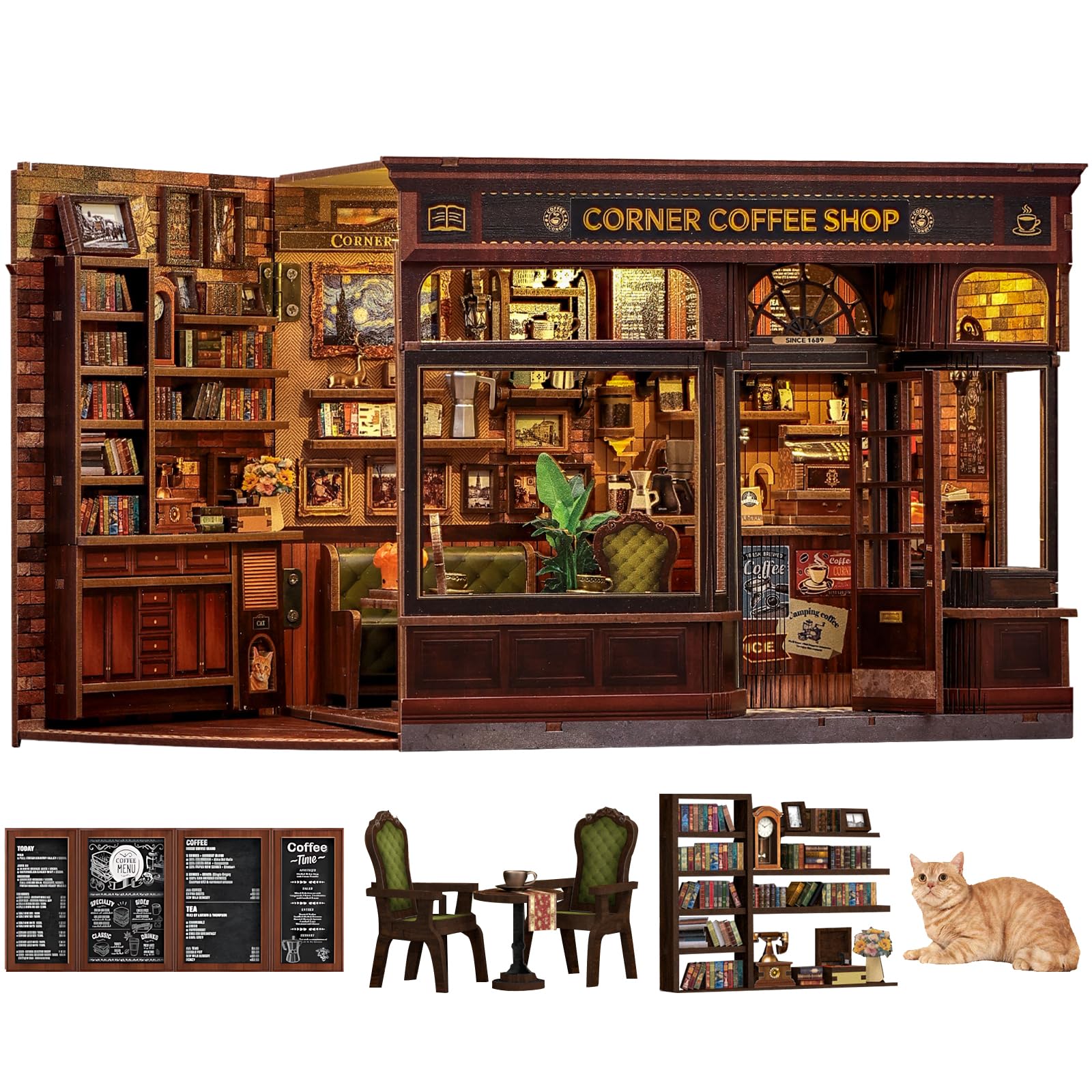 Fsolis Book Nook Kit - DIY 3D Puzzles for Adults Coffee House Model Bookshelf Diorama Building Kit, Craft Gifts for Women Readers Book Lovers (Corner Coffee Shop)