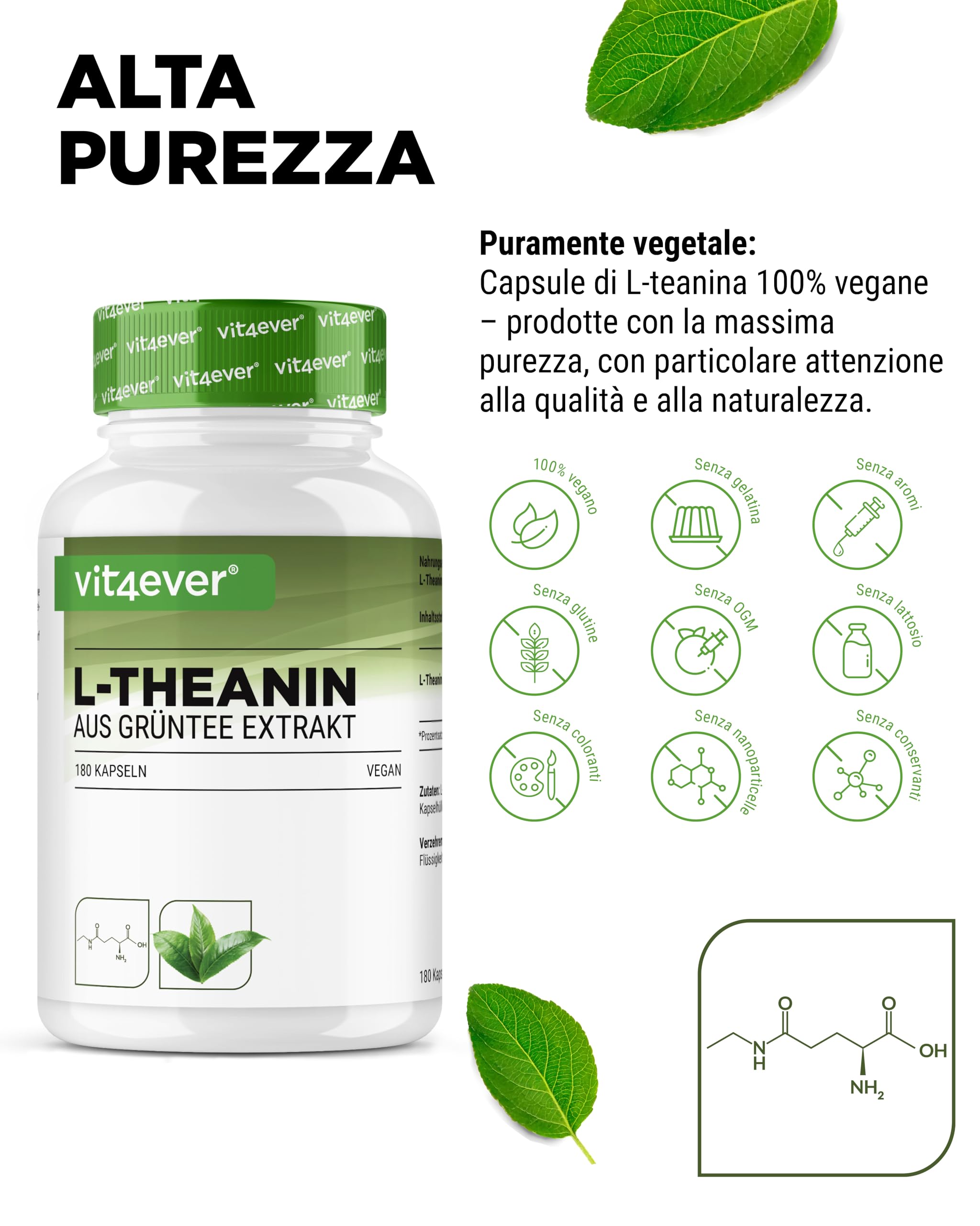 L-Teanina - 180 capsule - 750 mg per dose giornaliera - Da estratto naturale di tè verde - Alta dose - Vegana