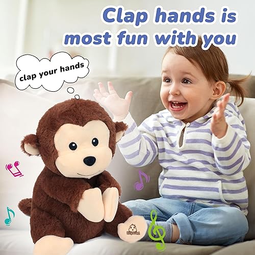 Miniatura 5 de Hopearl Monkey - Juguete musical interactivo de peluche que canta con forma de mono aplauso, adorable regalo eléctrico para niños, marrón, 11