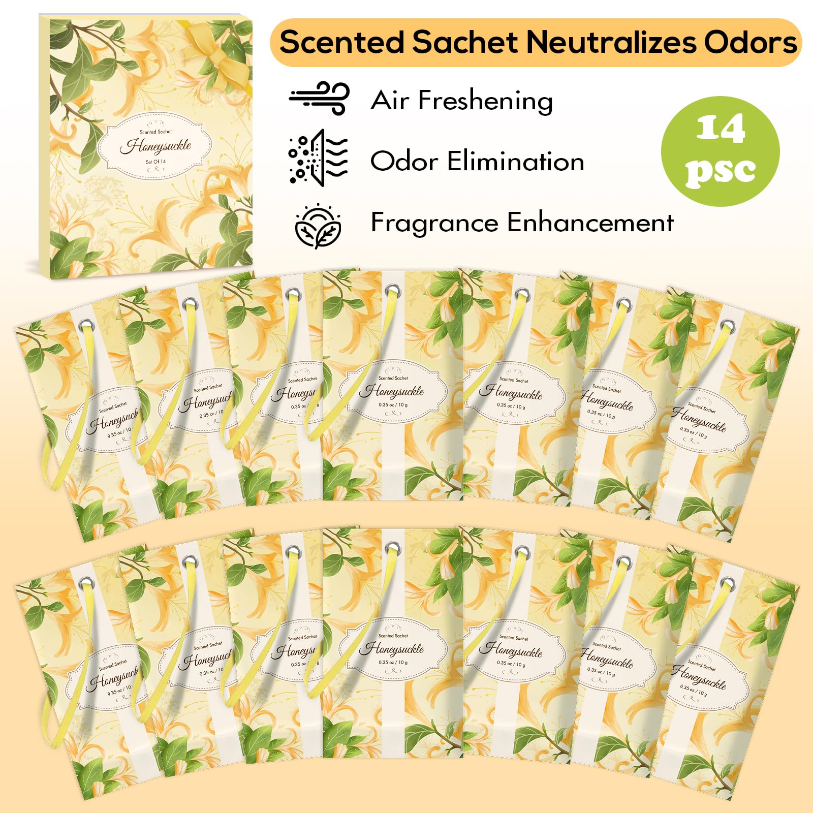 SCENTORINI Sachets Parfumés, Parfumés de Chèvrefeuille, Frais pour Tiroirs, Armoires, Voitures, et Garde-Robes, 14 sachets, Parfum Longue Durée