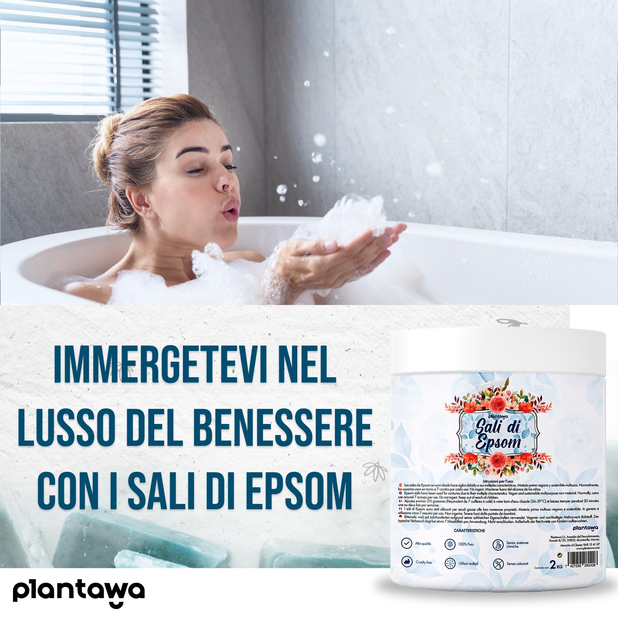 PLANTAWA Sale di Epsom 2kg | Sali da Bagno Rilassanti con Solfato di Magnesio Puro | Relax Muscolare, Cura della Pelle e Benessere Naturale | Bagno Rilassante e Schiumoso | Senza Tossine e Additivi