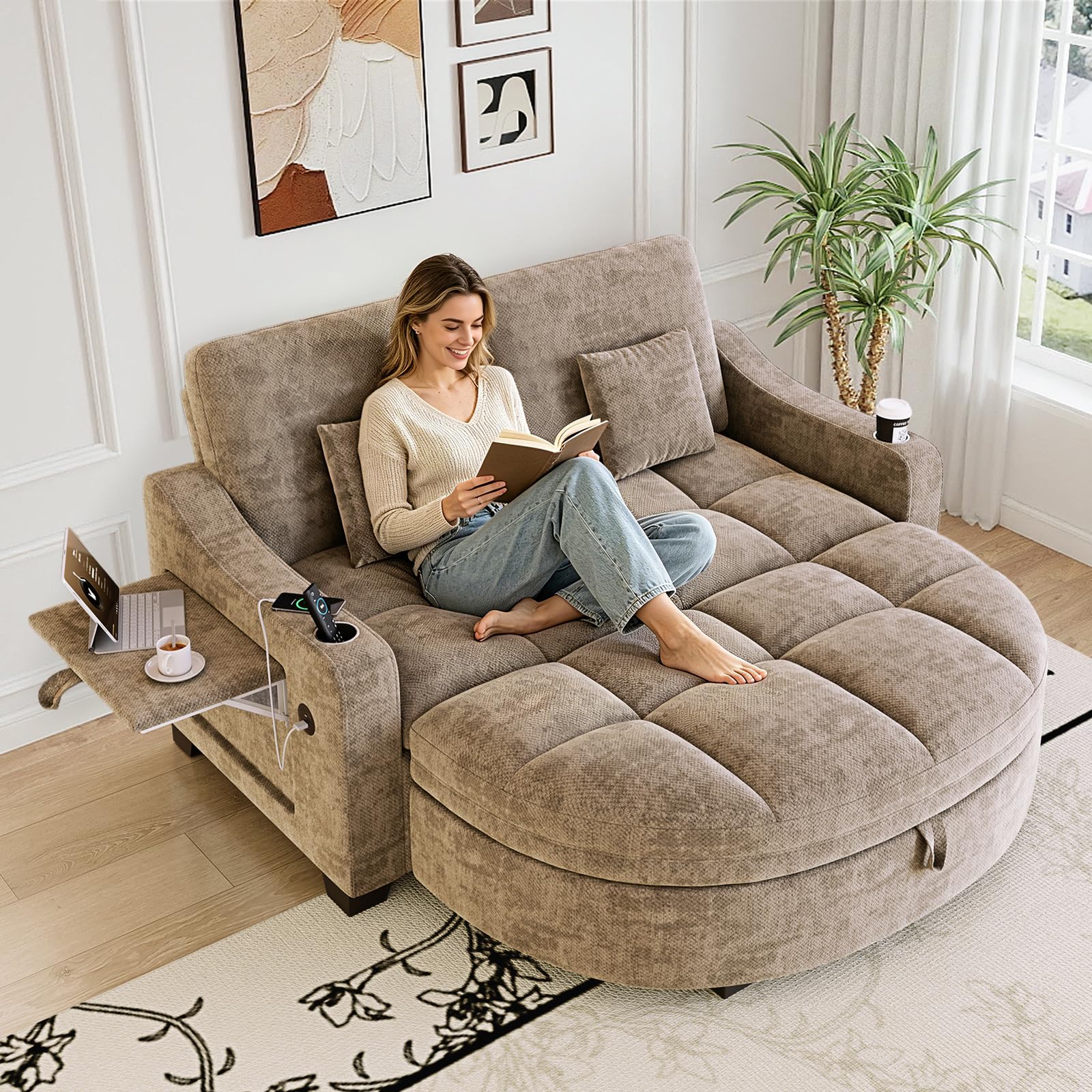 60 inch KINFFICT Loveseat Chaise Lounge Chair with Ottoman in Khaki Chenille